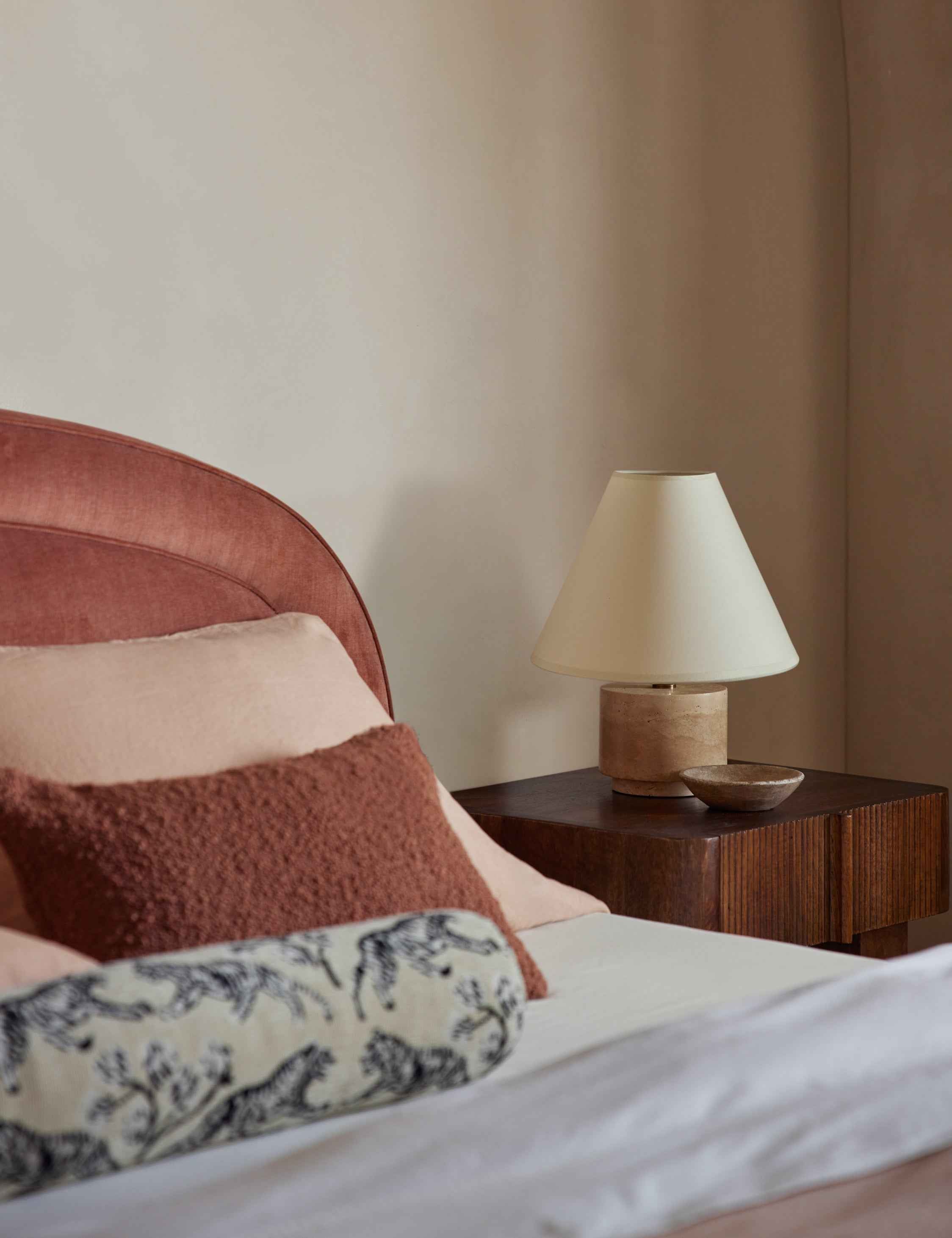 Bela Table Lamp | Textured Travertine Base, Brass Accents