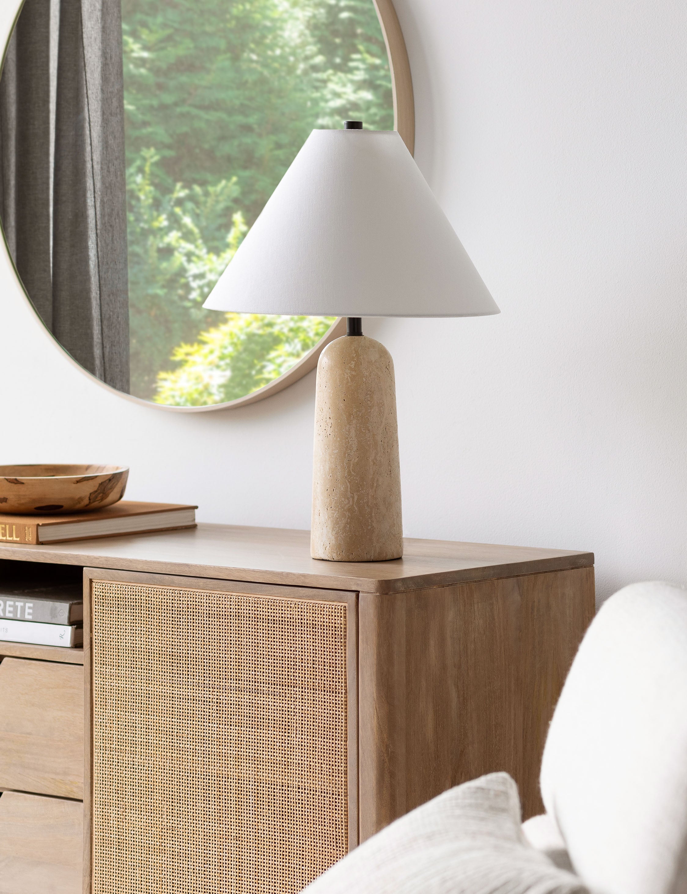 Mira Table Lamp | Travertine Base, Tapered Linen Shade