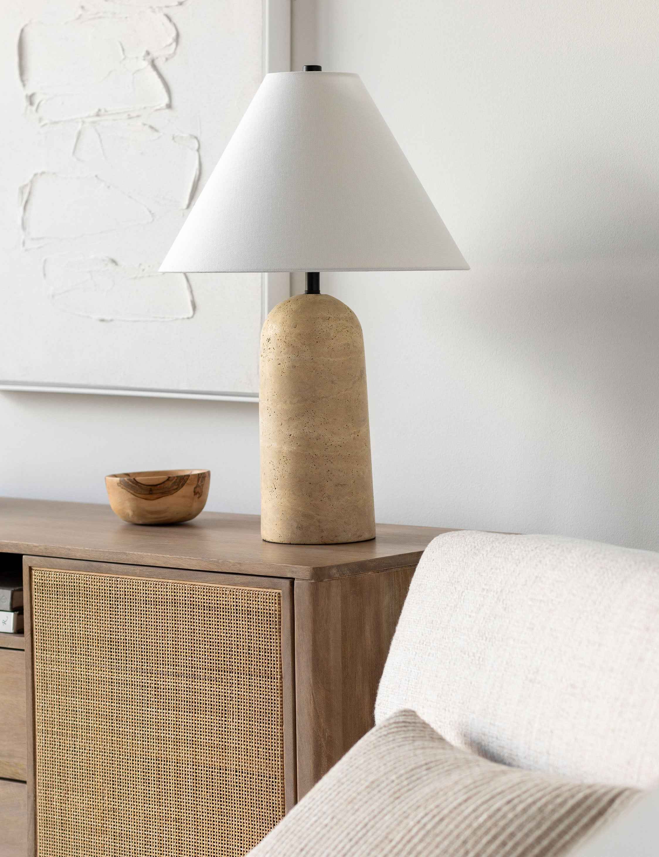 Mira Table Lamp | Travertine Base, Tapered Linen Shade