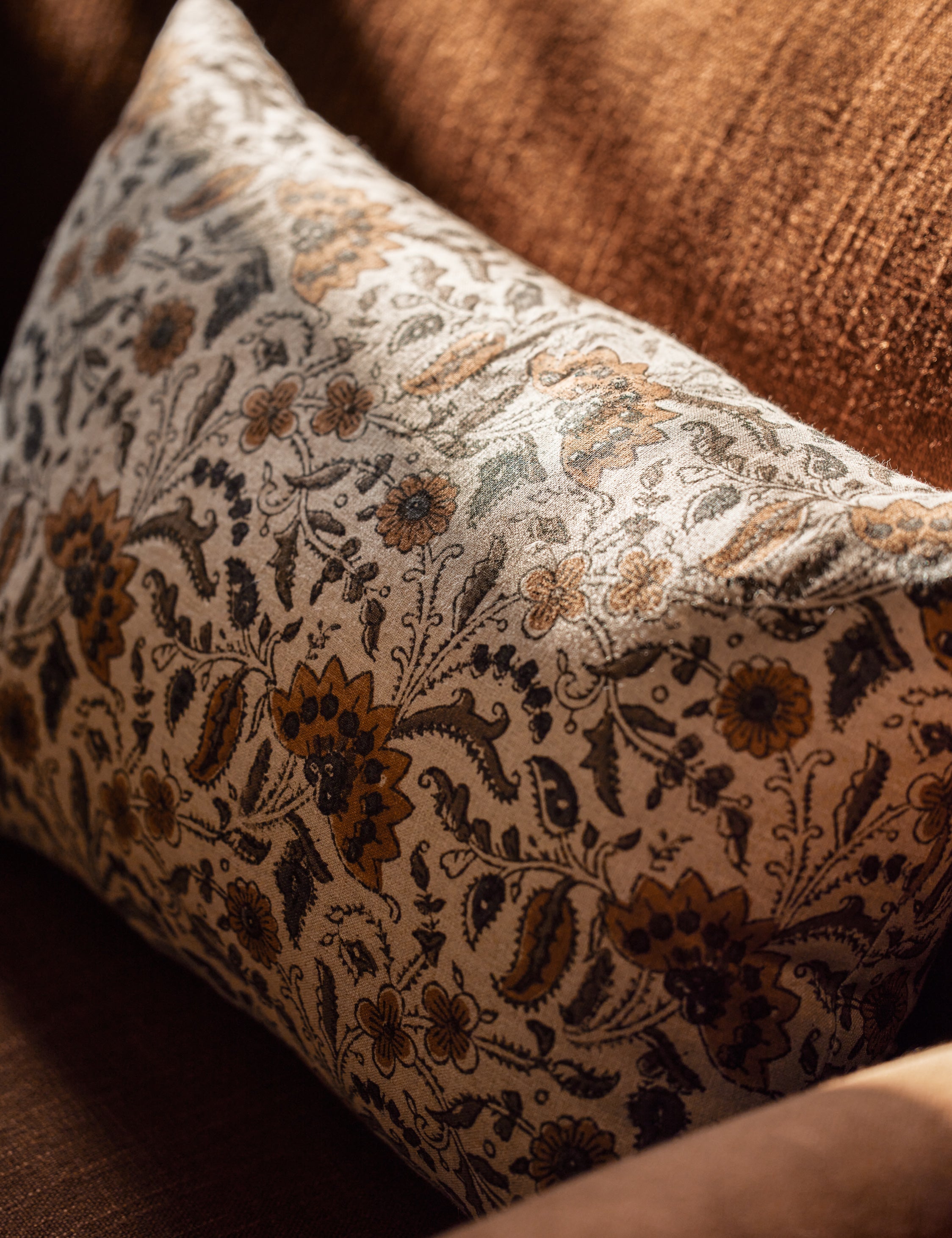 Elysian Linen Pillow | Handmade Block Print, Floral Design