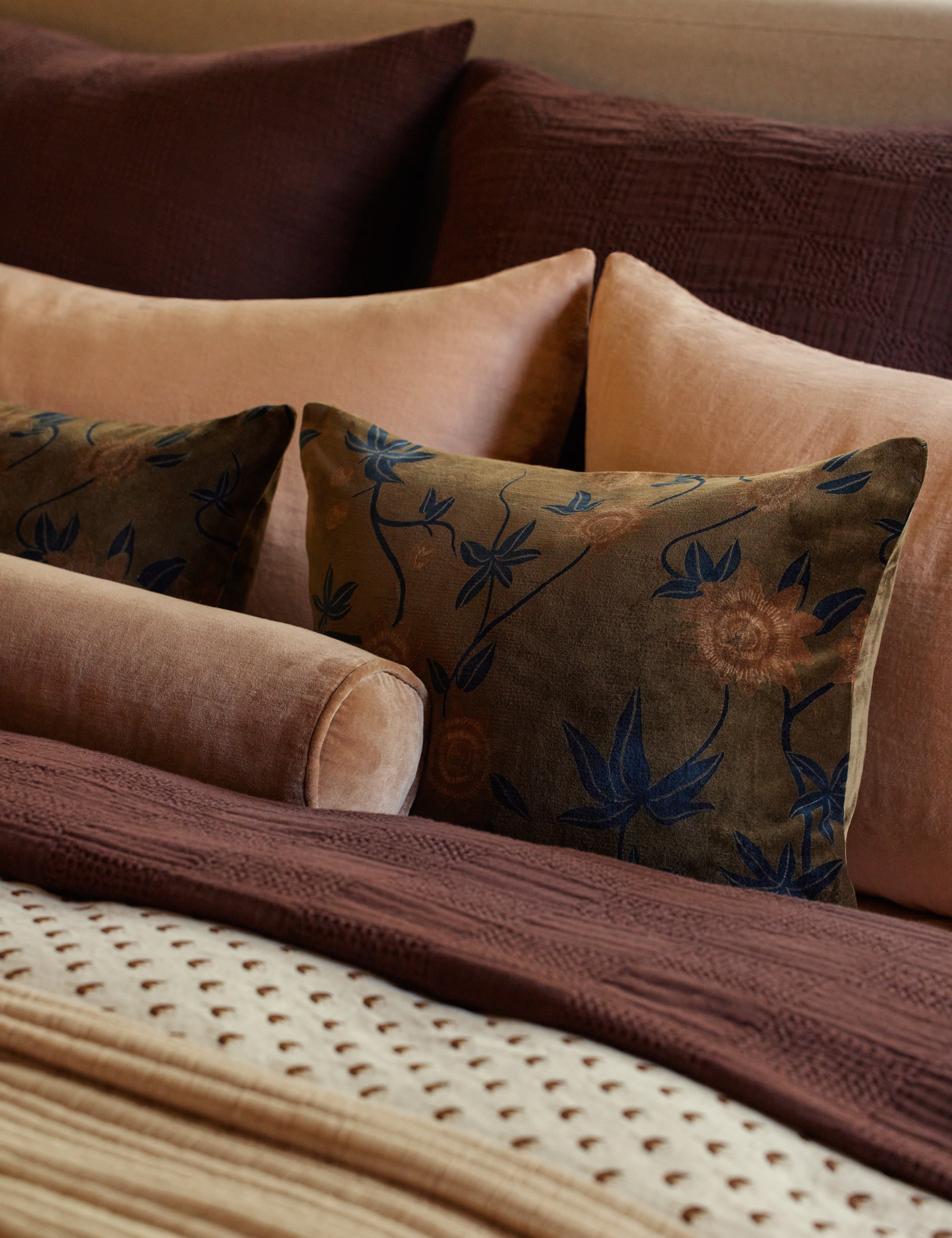 Riva Velvet Pillow | Floral Print, Rich Palette