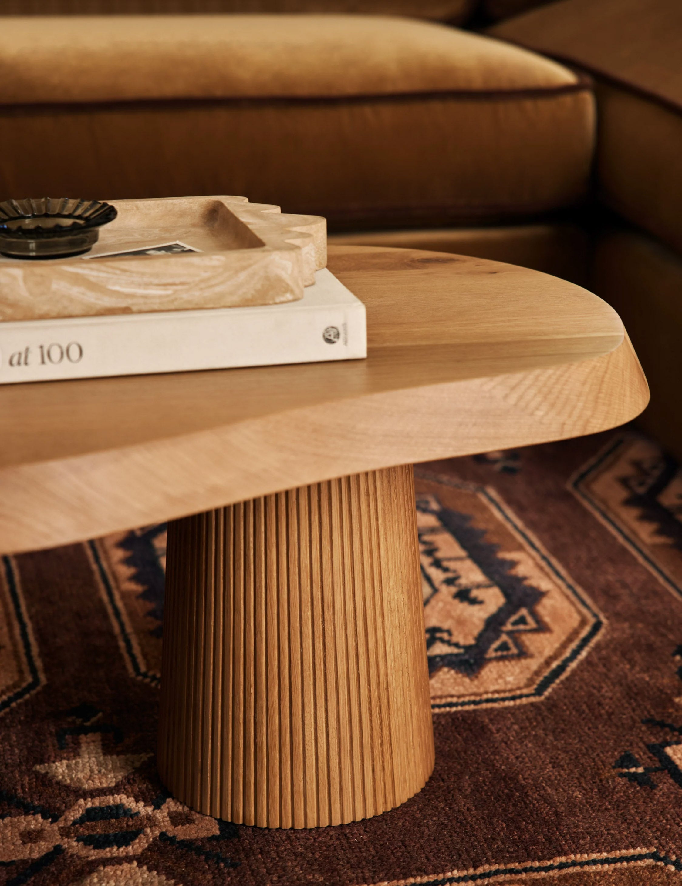 Cleo Coffee Table | Beveled Oak Top, Fluted Pillar Legs