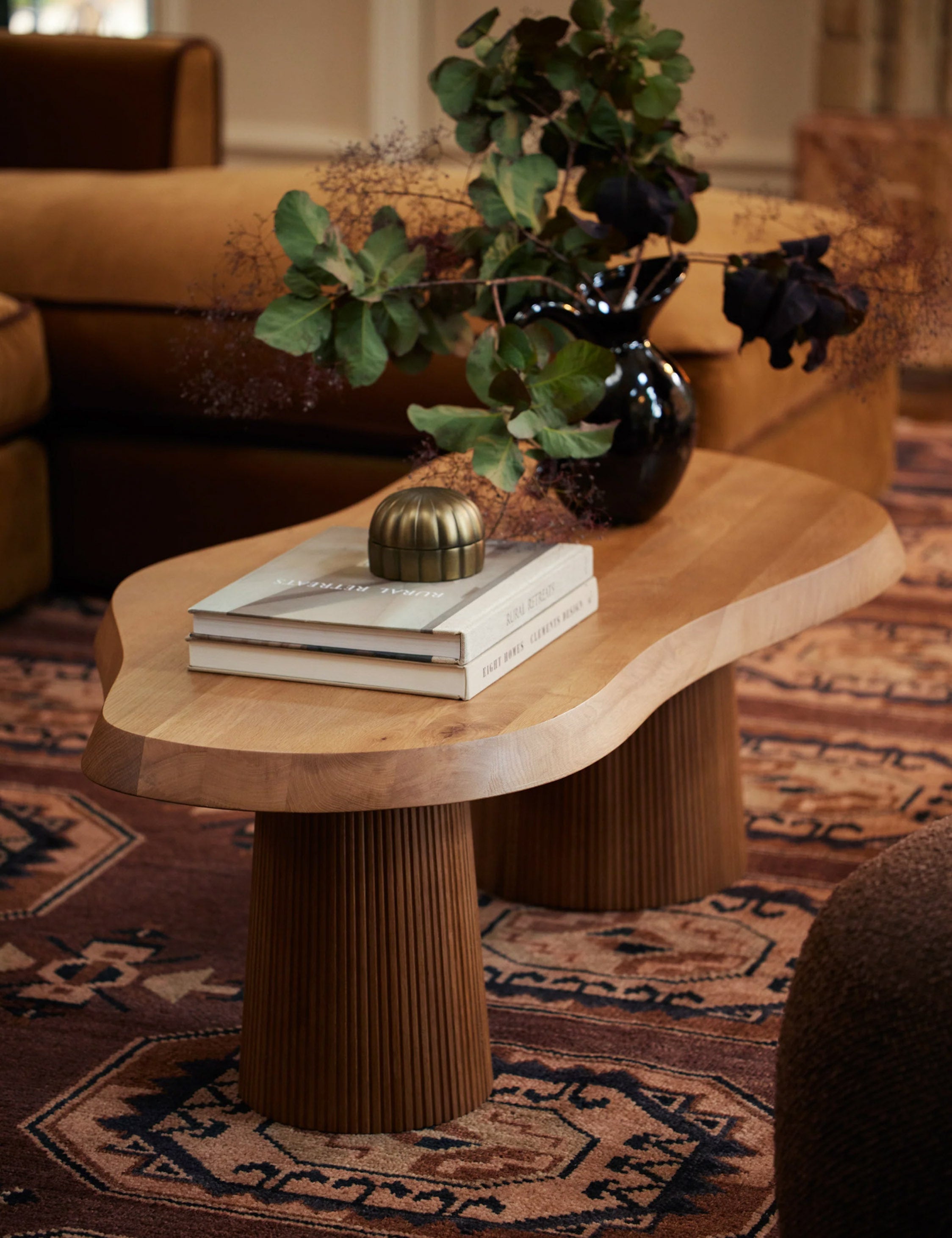 Cleo Coffee Table | Beveled Oak Top, Fluted Pillar Legs