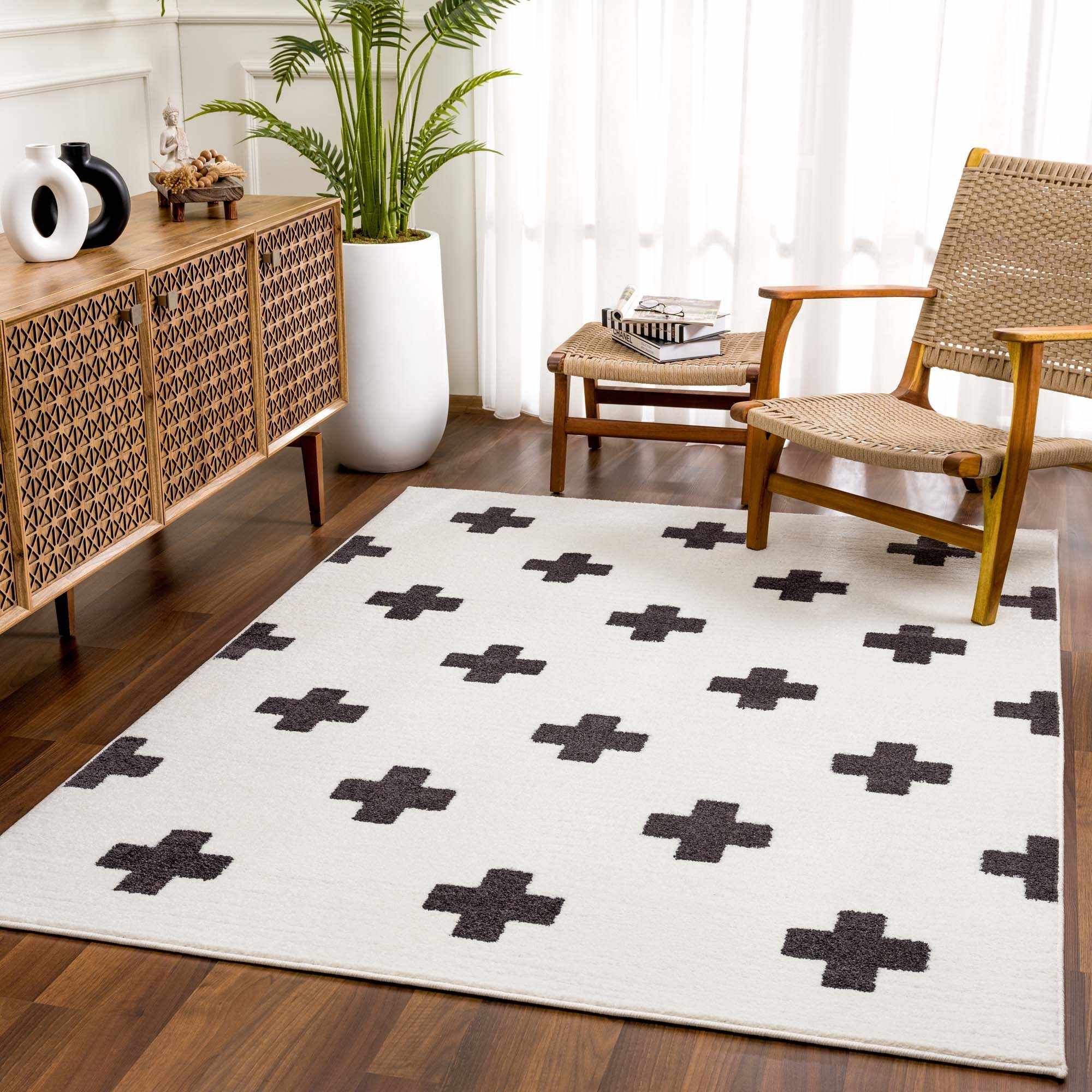 Elysian Area Rug High Pile, Machine Woven, Black/Charcoal/White