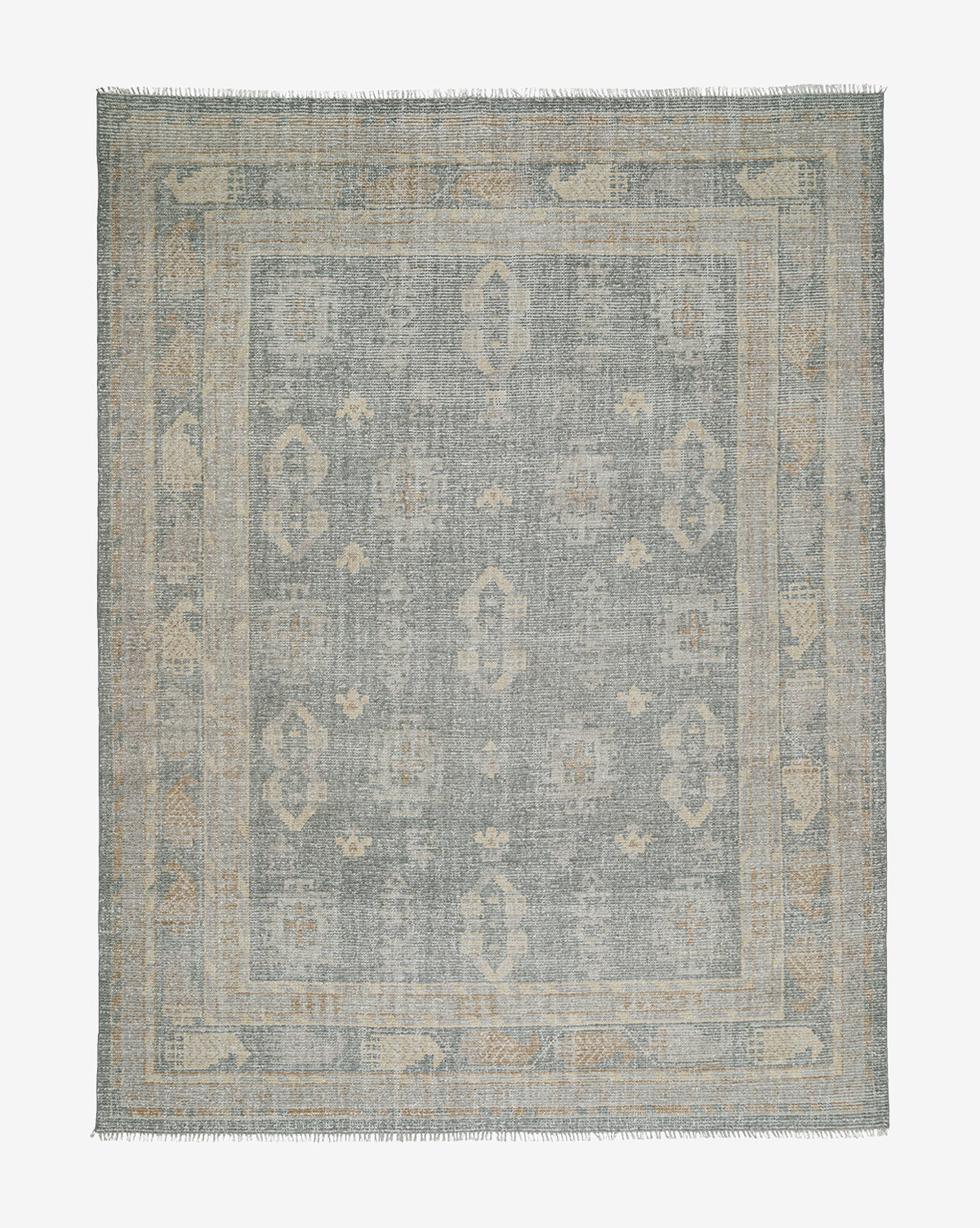 Basil Hand-Knotted Wool Rug  Geometric Design in Muted Greens