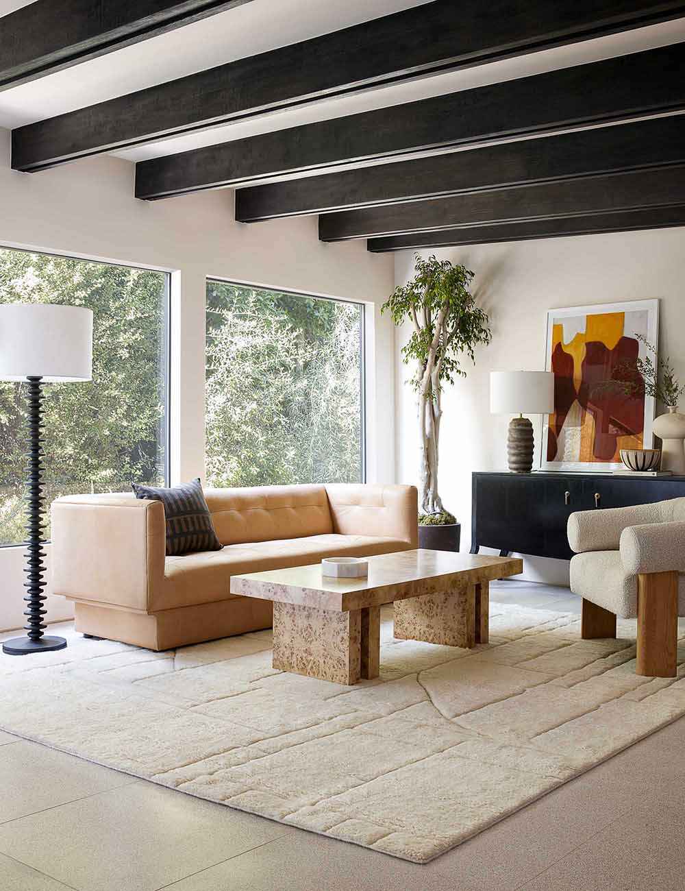 Fino Floor Lamp | Textured Wooden Bands, Linen Drum Shade