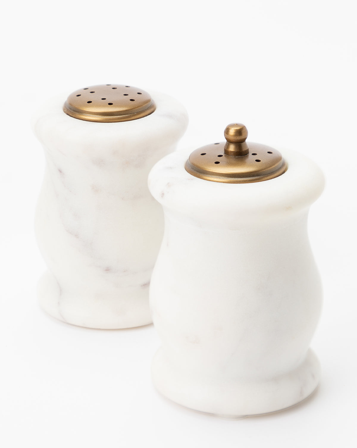 Bela Marble Salt & Pepper Shakers  Tapered Shape, Antiqued Brass Tops