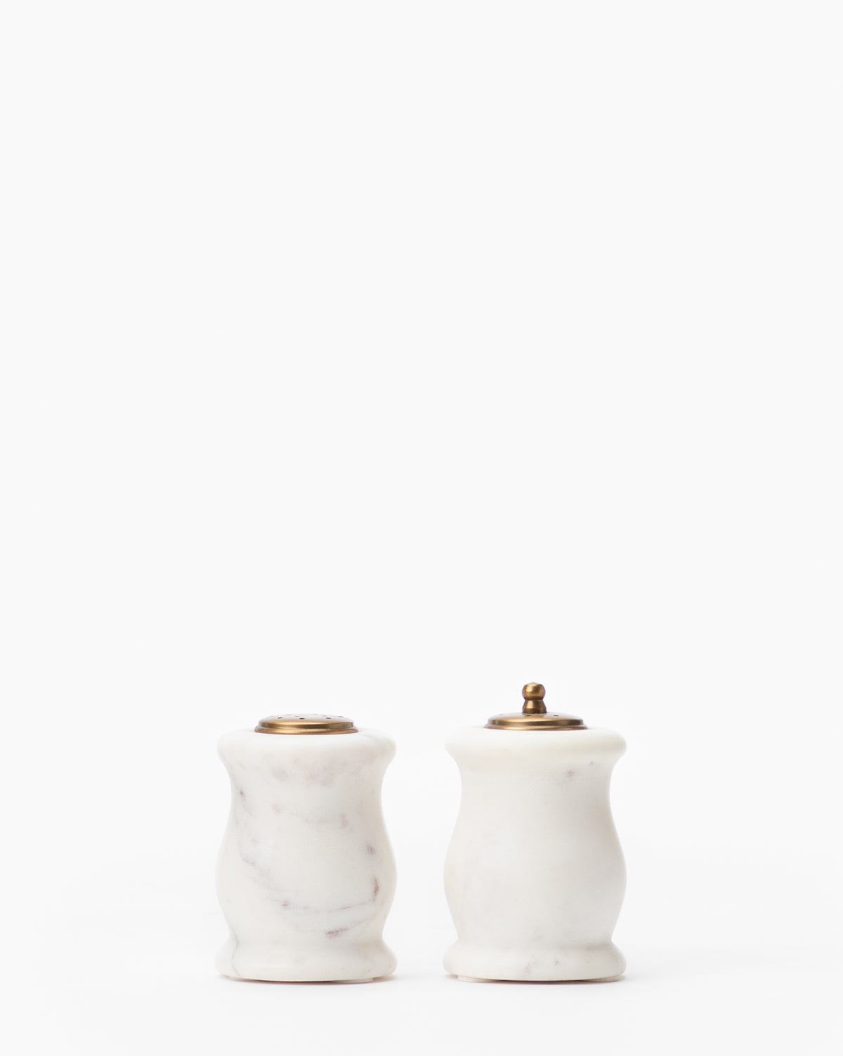Bela Marble Salt & Pepper Shakers  Tapered Shape, Antiqued Brass Tops