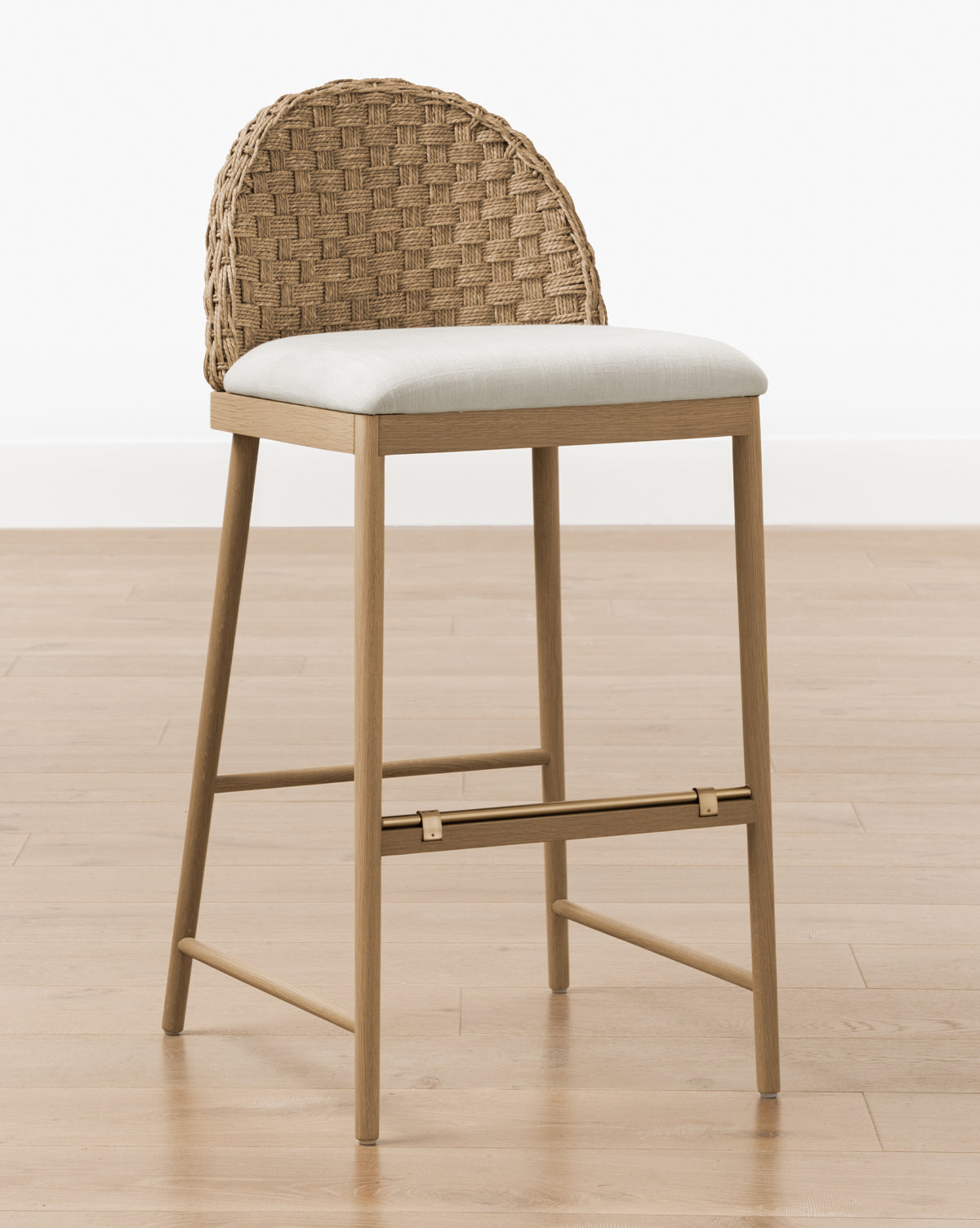 Mira Stool Solid Oak  Woven Back & Brass Detail
