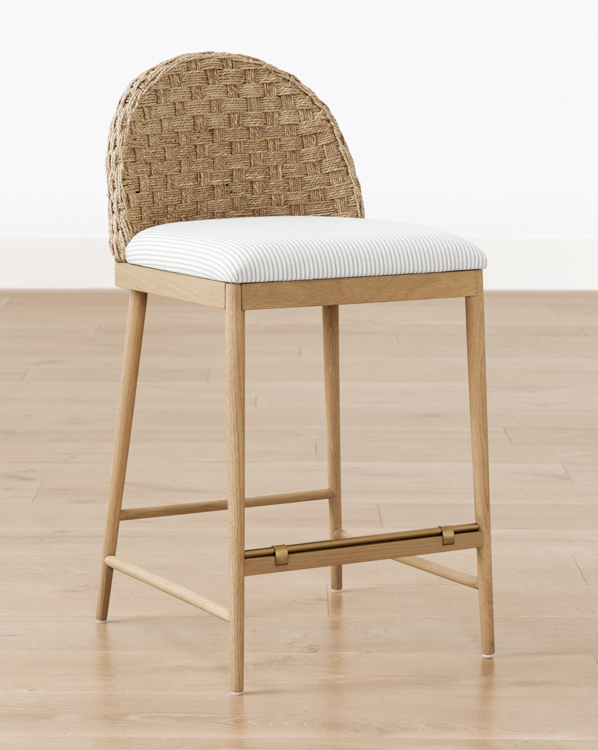 Mira Stool Solid Oak  Woven Back & Brass Detail