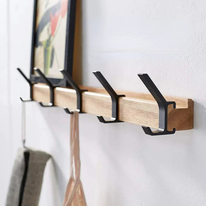 Nori Coat Rack | Adjustable Double Hooks, Black & Wood Finish