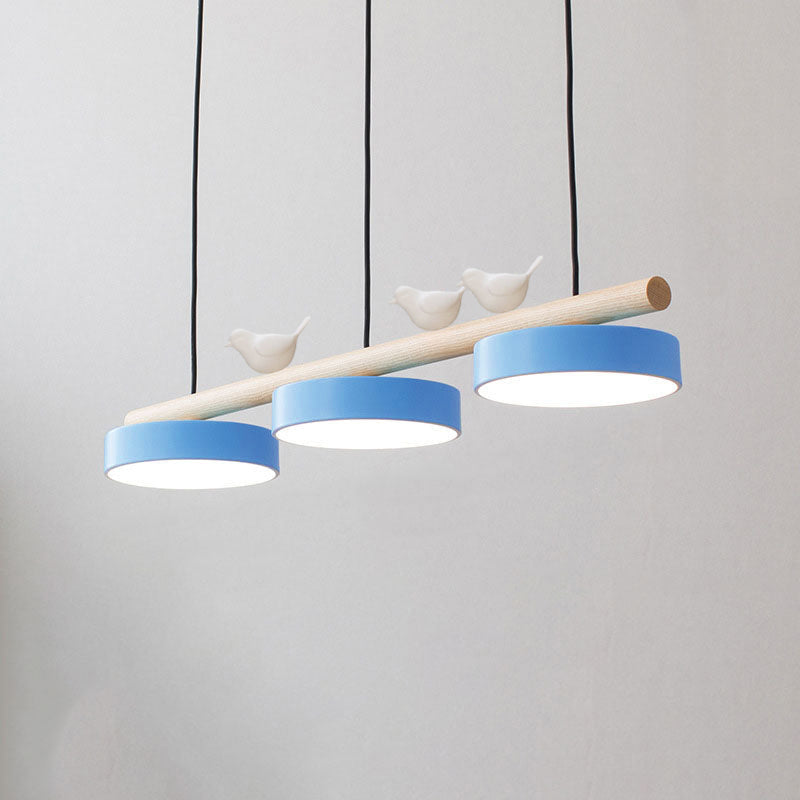Nordic-Inspired Round Resin Bird LED Chandelier with Wooden Linear Design