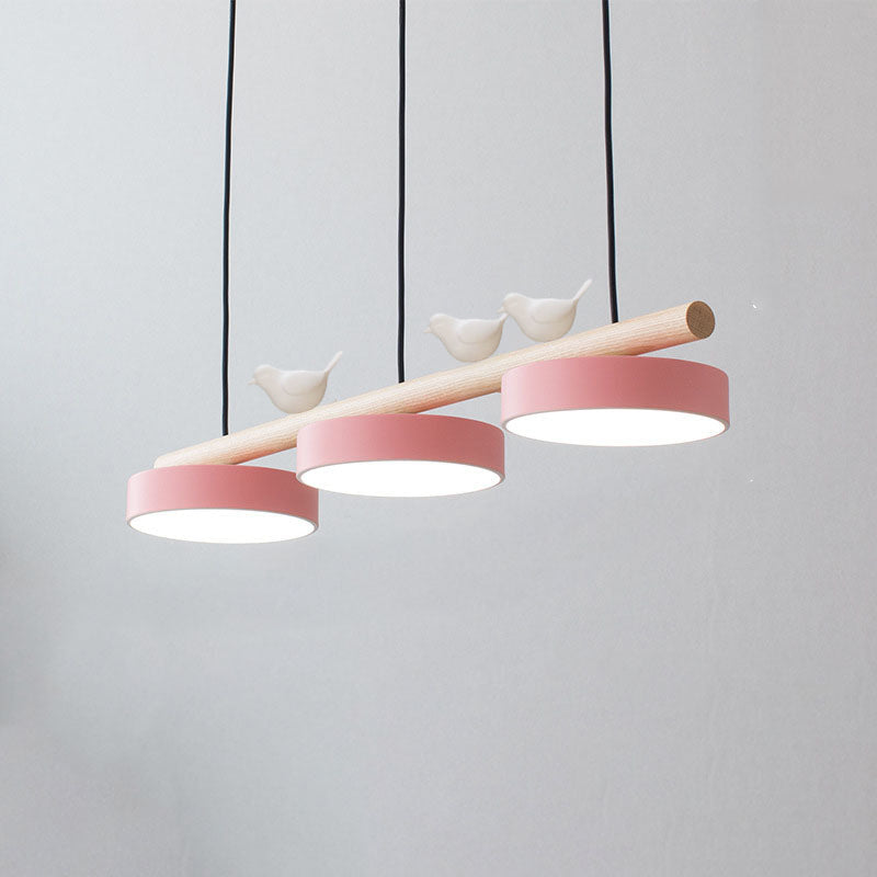 Nordic-Inspired Round Resin Bird LED Chandelier with Wooden Linear Design