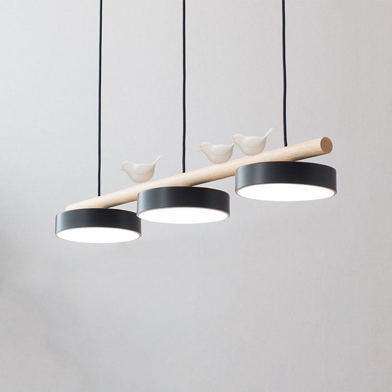Nordic-Inspired Round Resin Bird LED Chandelier with Wooden Linear Design