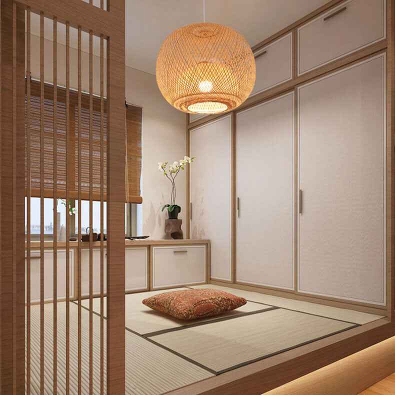 Beige Bamboo Weaving Round Ball Pendant Light - 1-Light Japanese Design