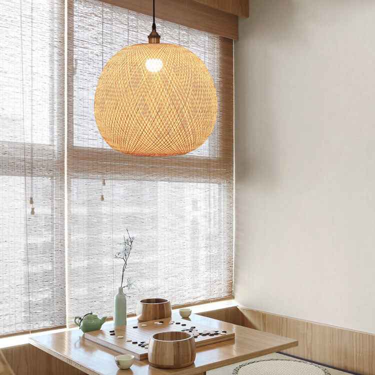 Beige Bamboo Weaving Round Ball Pendant Light - 1-Light Japanese Design