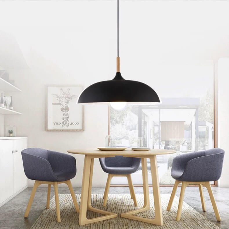 Contemporary Metal Pendant Light with Wooden Top - 1-Light Dome Design