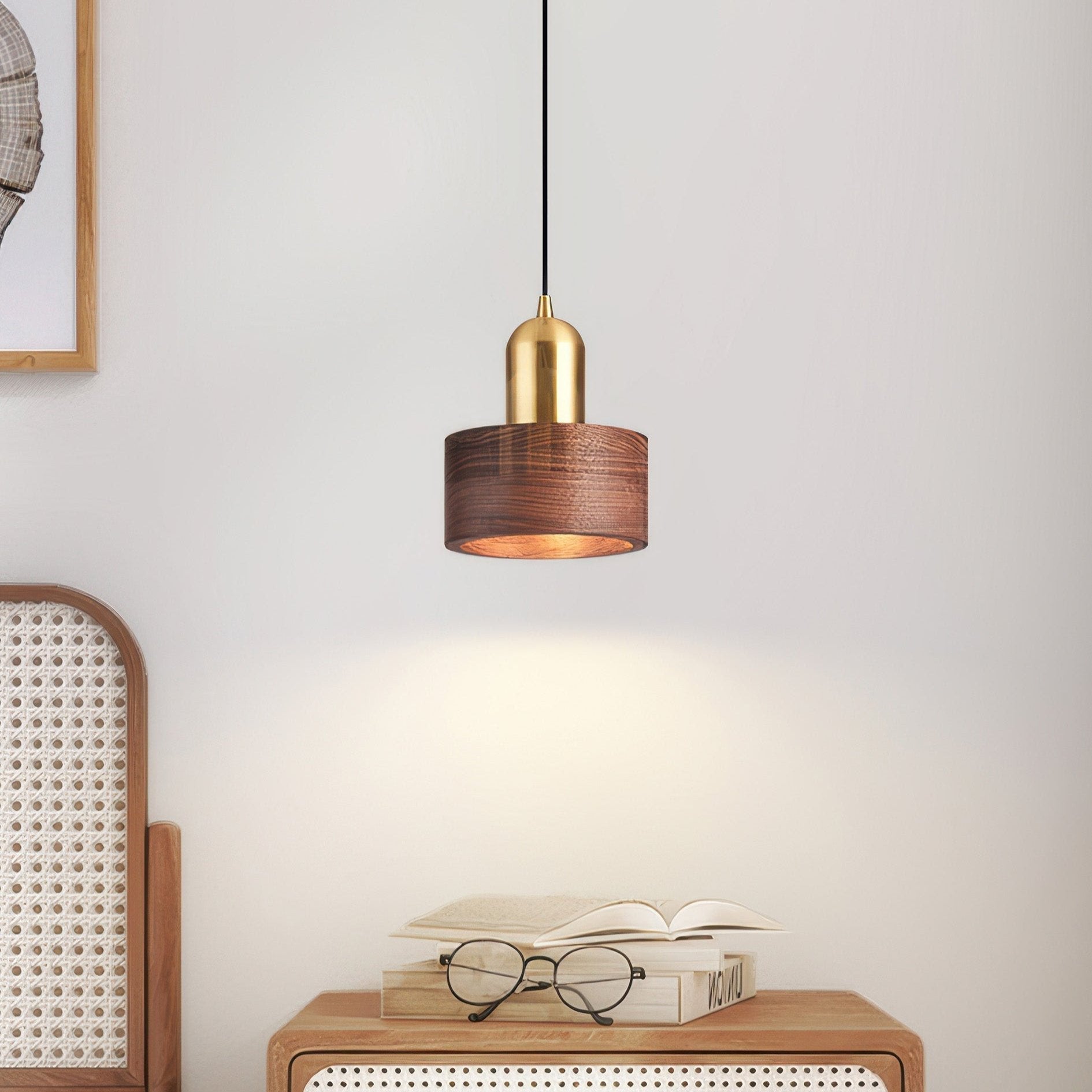 Bamboo Cylinder Pendant Light | Walnut & Brass, Adjustable Height