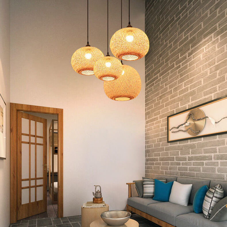 Beige Bamboo Weaving Round Ball Pendant Light - 1-Light Japanese Design