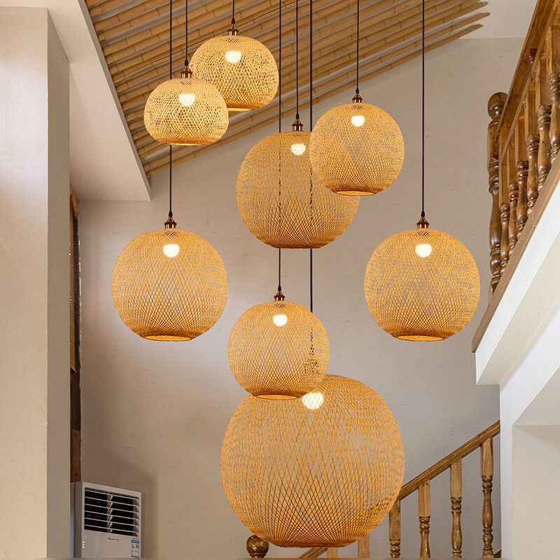 Beige Bamboo Weaving Round Ball Pendant Light - 1-Light Japanese Design