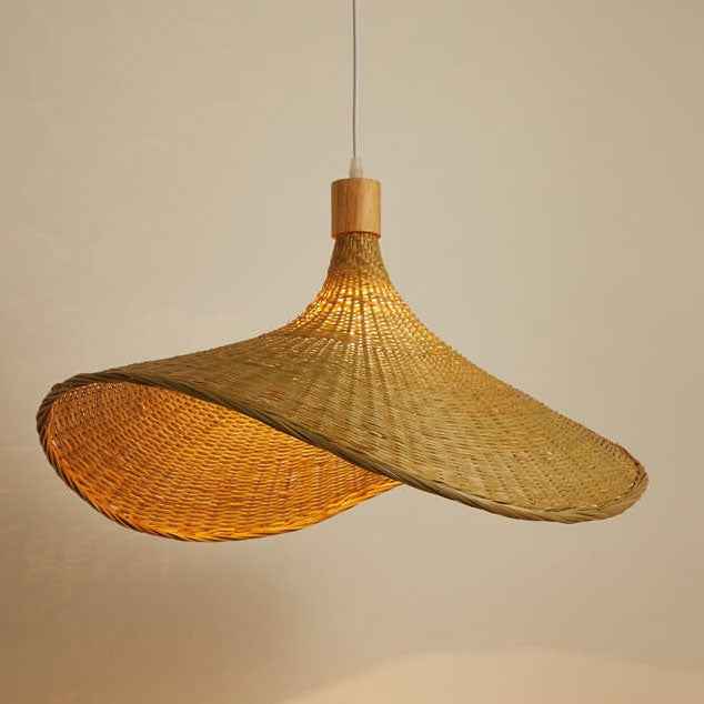 Bamboo Woven Straw Hat Pendant Light with Single Bulb