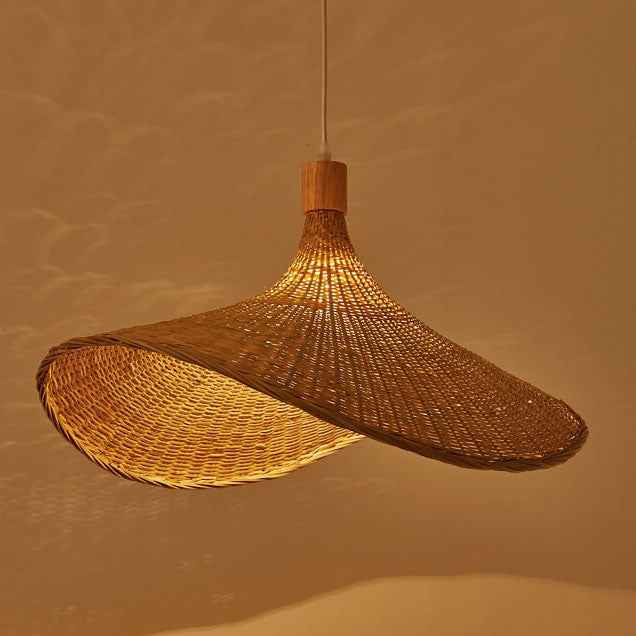 Bamboo Woven Straw Hat Pendant Light with Single Bulb