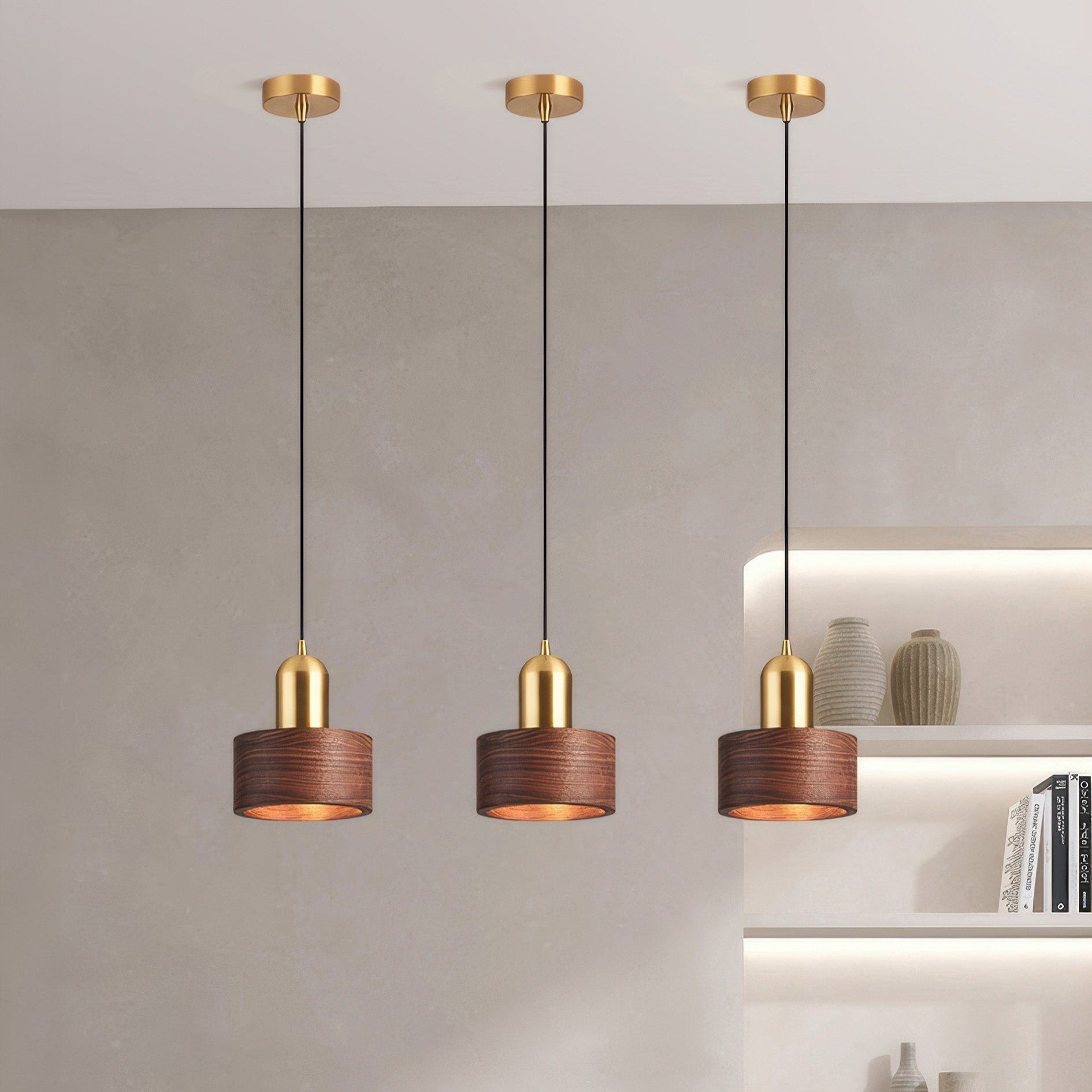 Bamboo Cylinder Pendant Light | Walnut & Brass, Adjustable Height