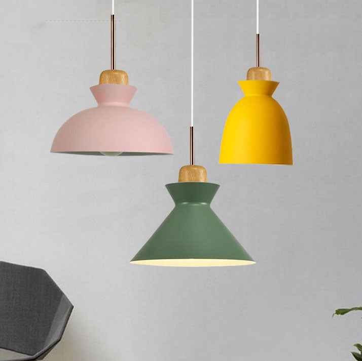 Modern Nordic Oak and Iron Bell Cone 1-Light Pendant Lamp for Living Room