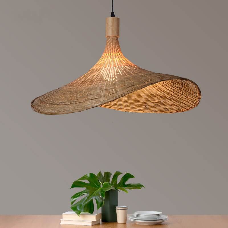 Bamboo Woven Straw Hat Pendant Light with Single Bulb