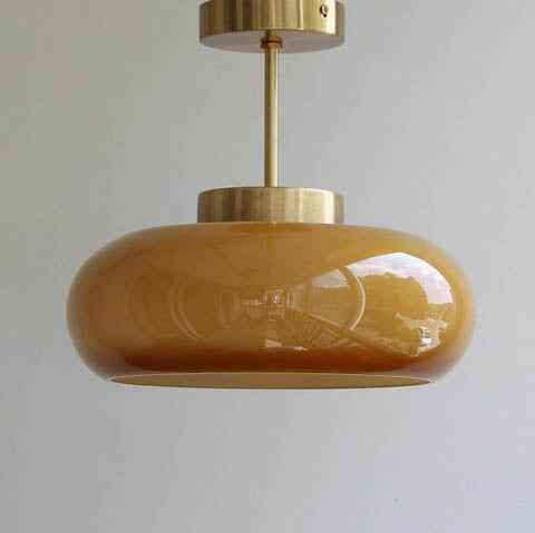 Retro Brass and Yellow Glass 1-Light Semi-Flush Mount Ceiling Fixture