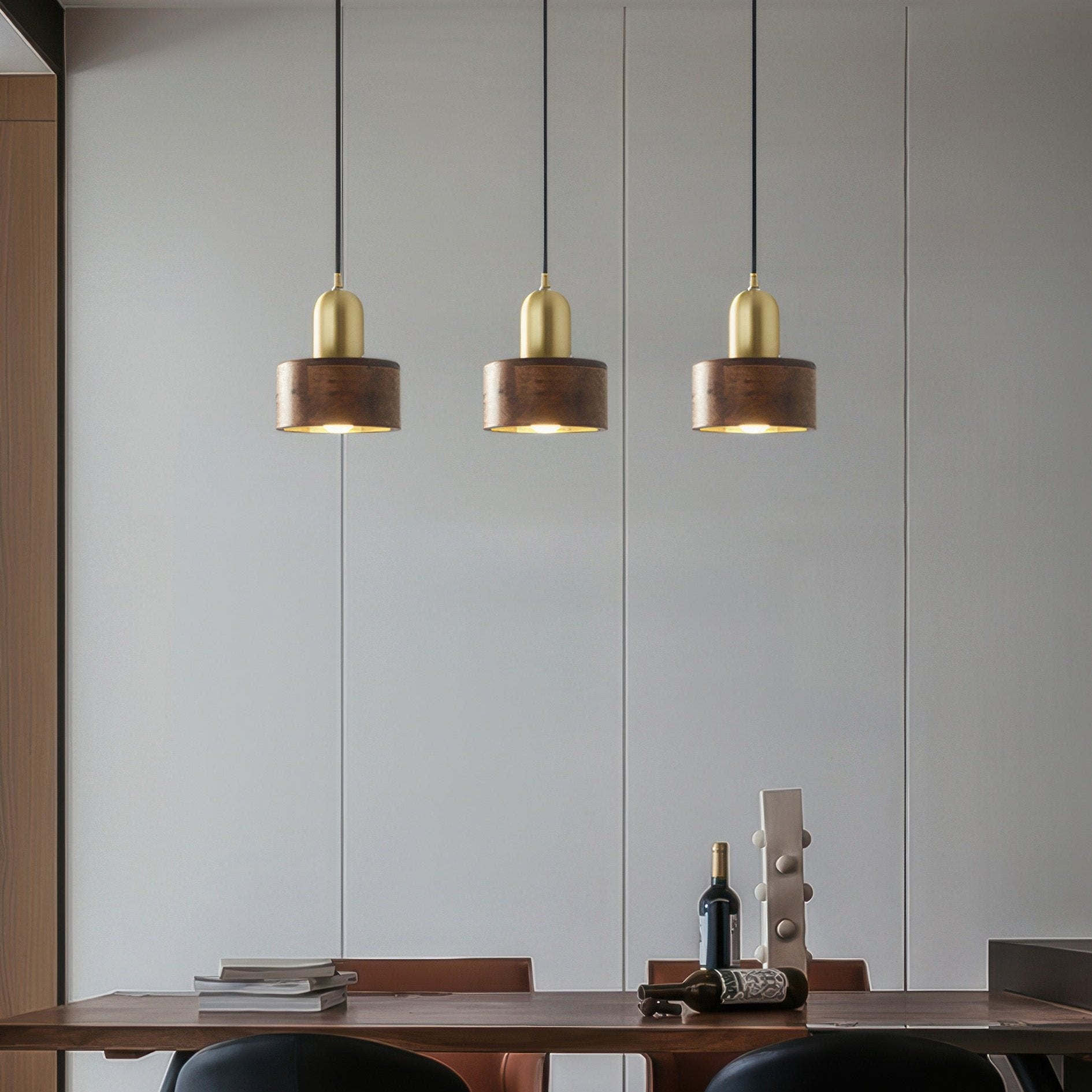 Bamboo Cylinder Pendant Light | Walnut & Brass, Adjustable Height