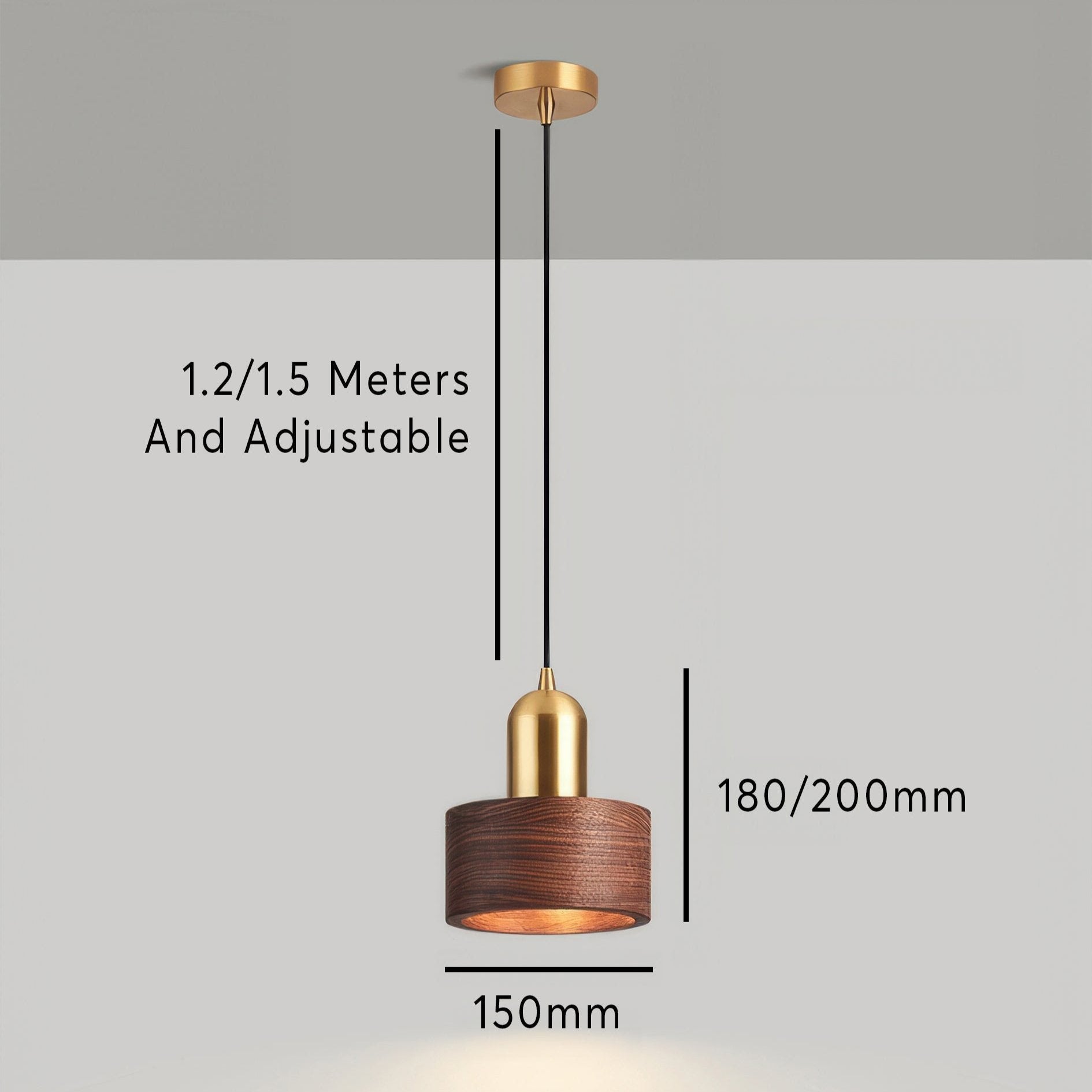 Bamboo Cylinder Pendant Light | Walnut & Brass, Adjustable Height