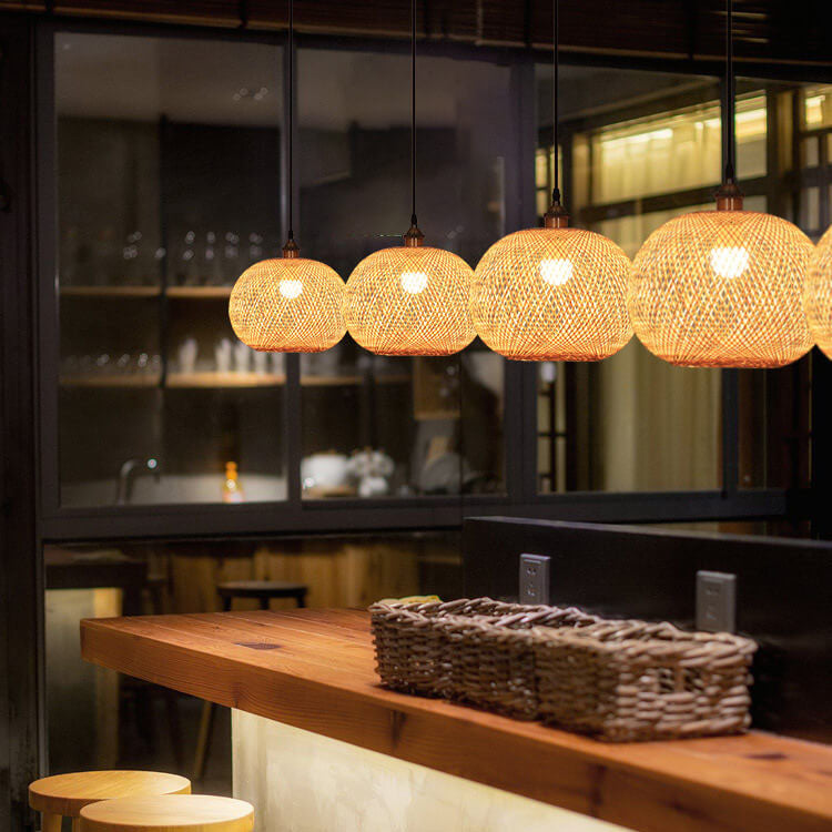 Beige Bamboo Weaving Round Ball Pendant Light - 1-Light Japanese Design