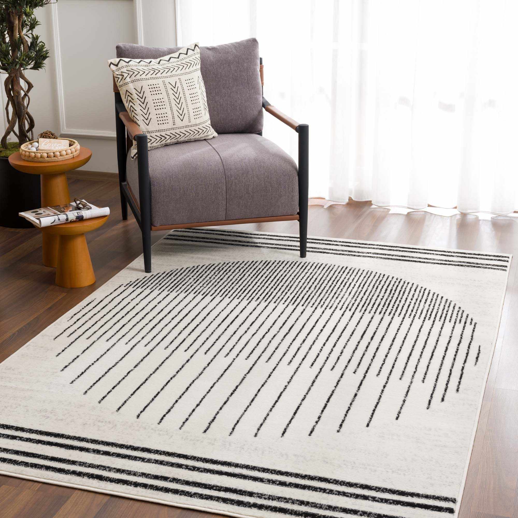 Bento Area Rug  Black & White Striped, Medium Pile