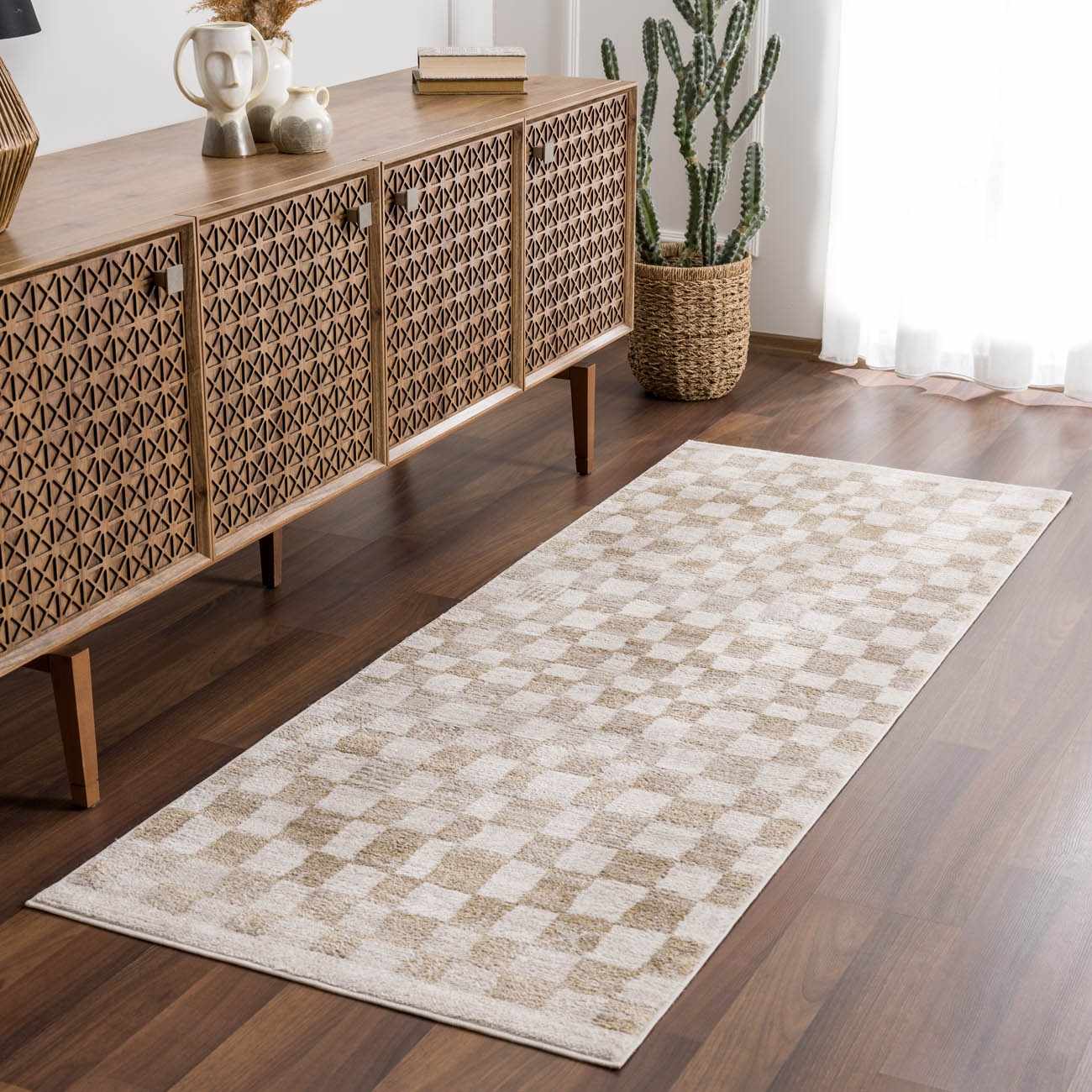 Bela Checkered Rug  Machine Woven  Cream & Gold