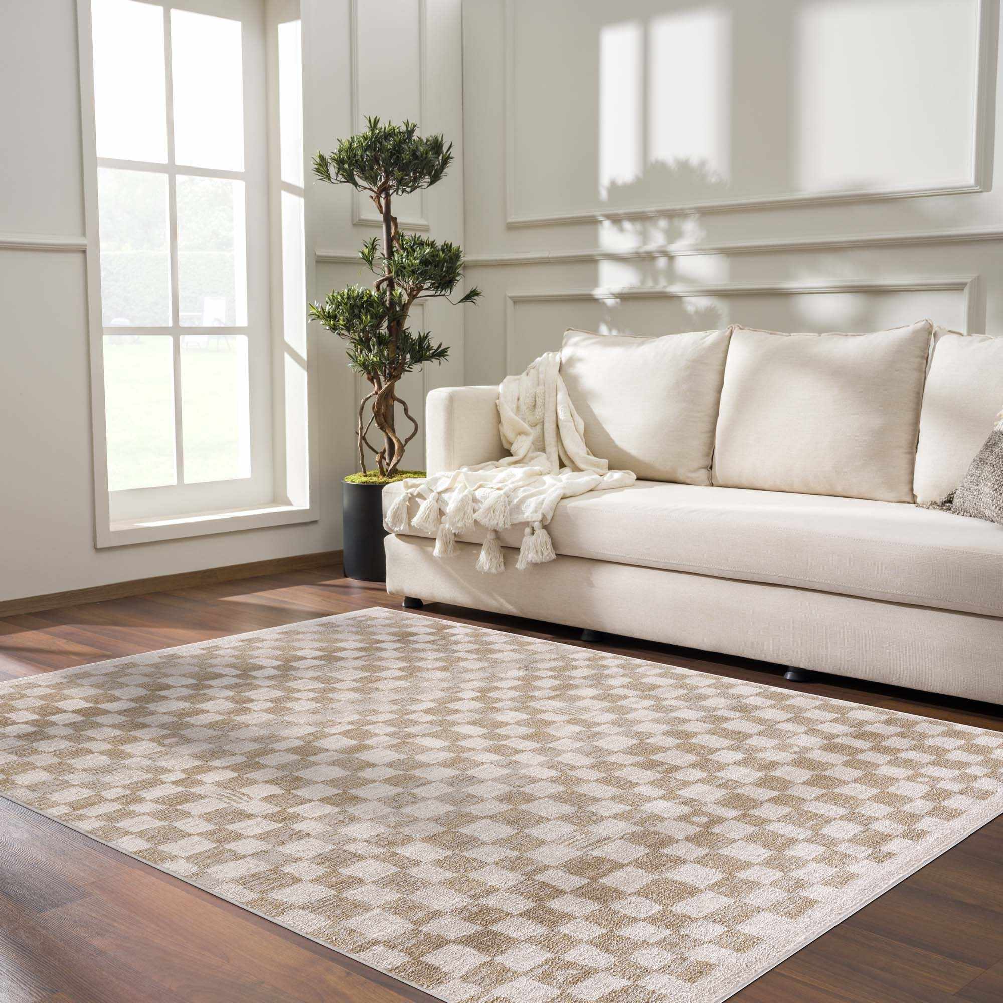 Bela Checkered Rug  Machine Woven  Cream & Gold