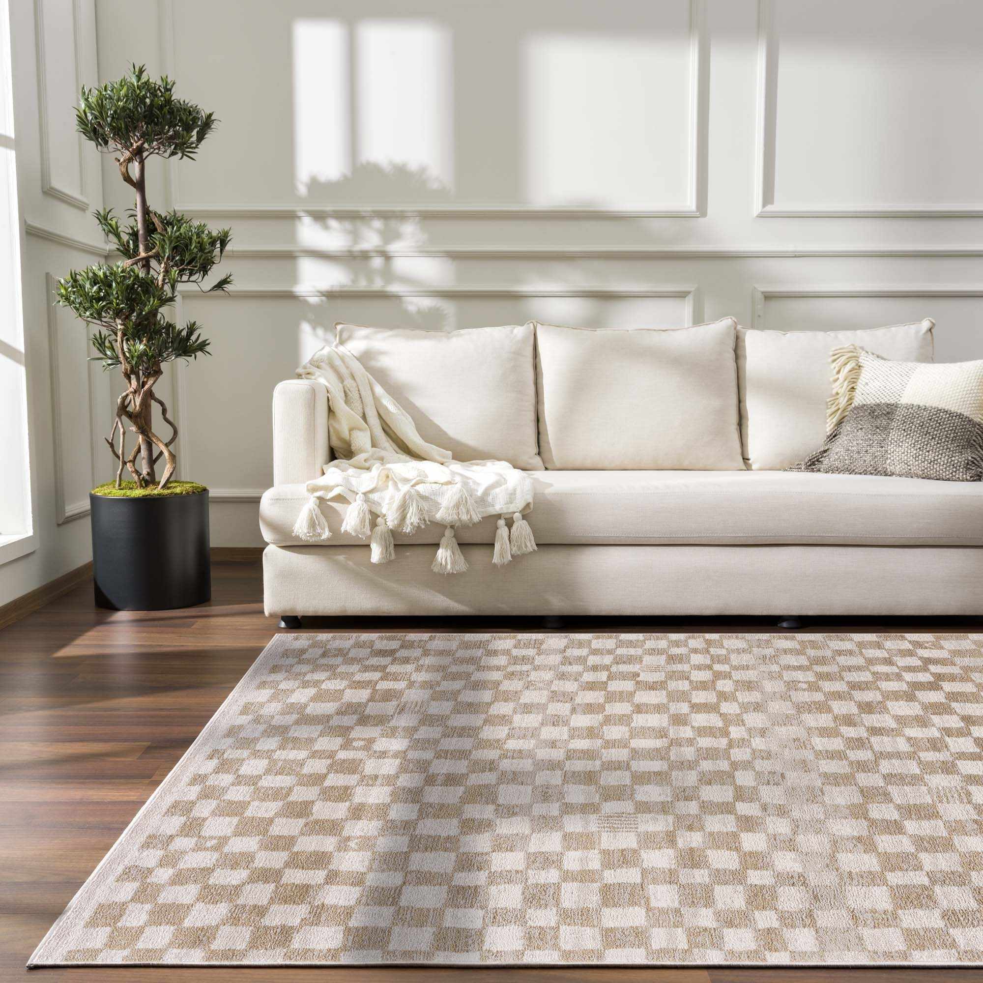 Bela Checkered Rug  Machine Woven  Cream & Gold