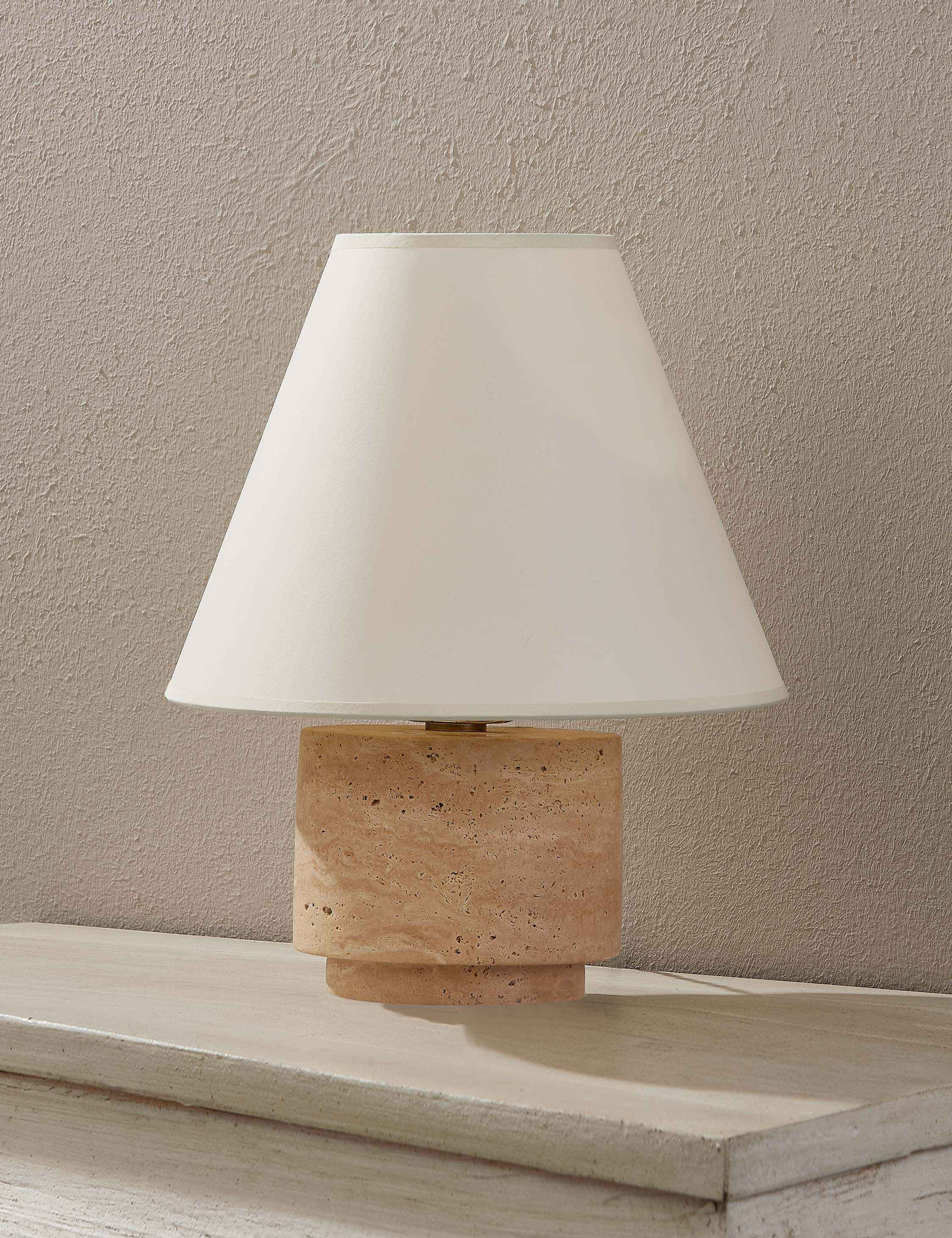 Bela Table Lamp | Textured Travertine Base, Brass Accents