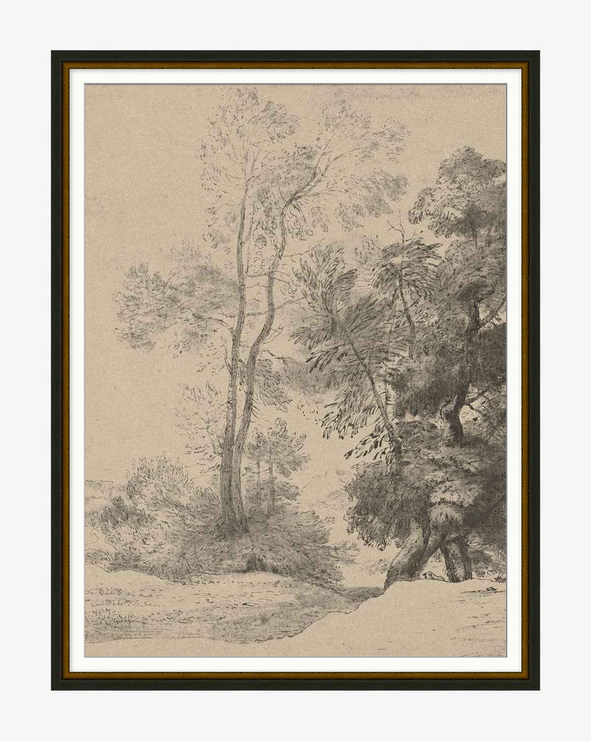 Briar Pastoral Sketch  Framed Vintage Art with Glass and Mat