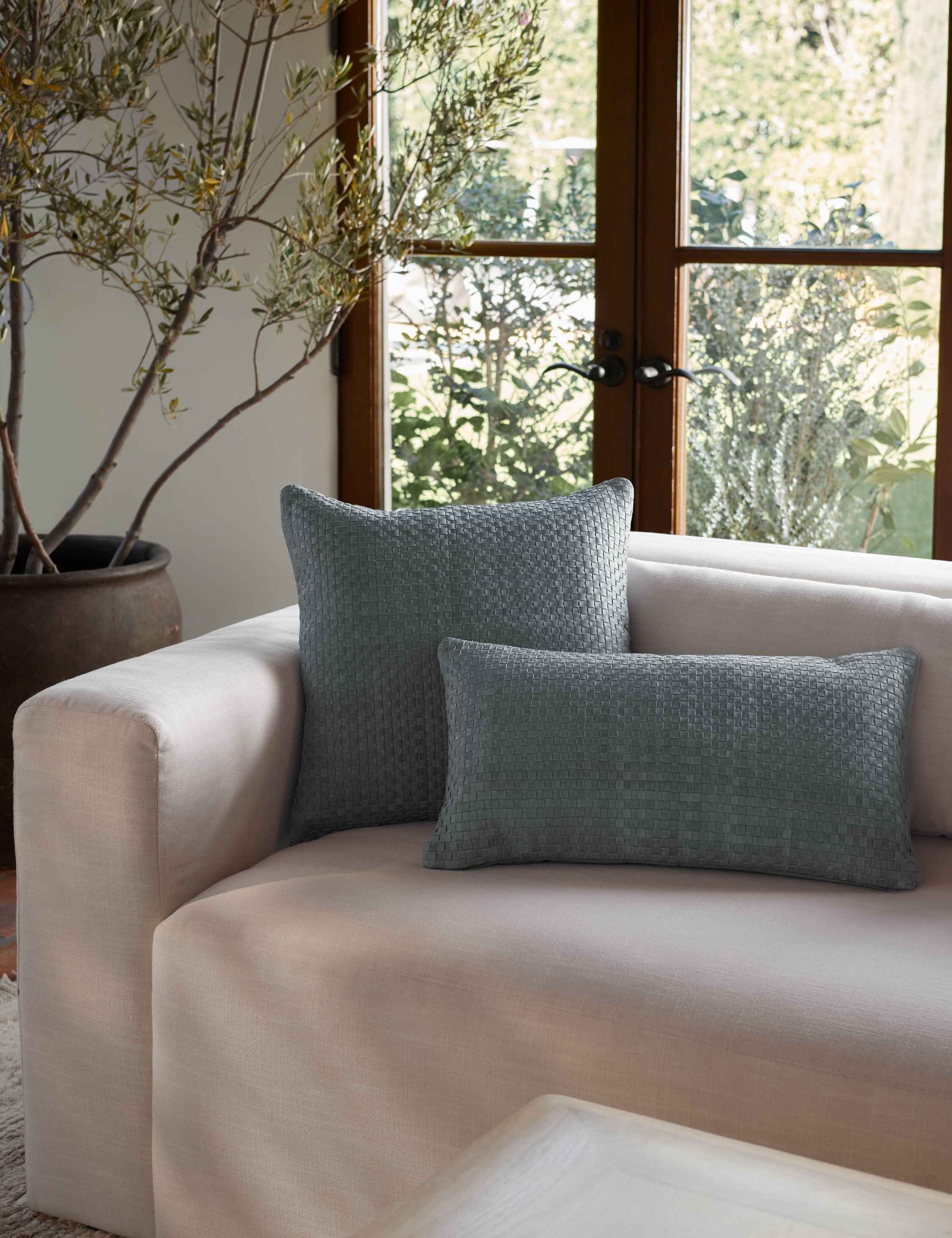 Vireo Leather Pillow | Handcrafted Basketweave Design