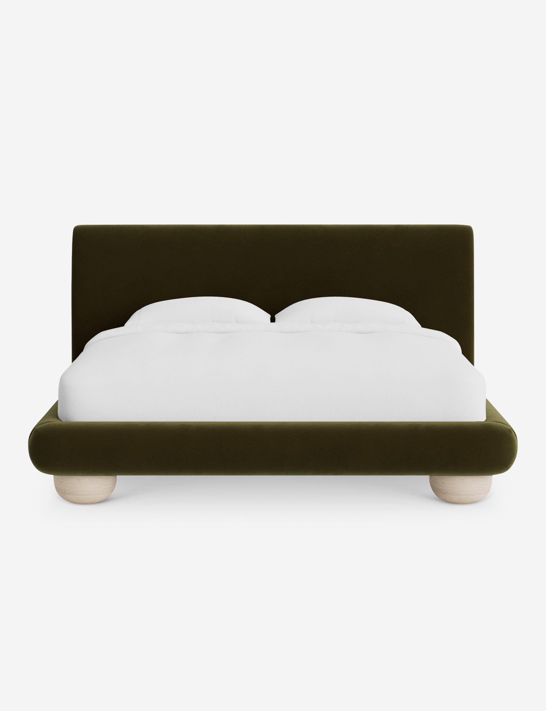 Rivo Platform Bed | Upholstered Frame, Light Wood Grain Base
