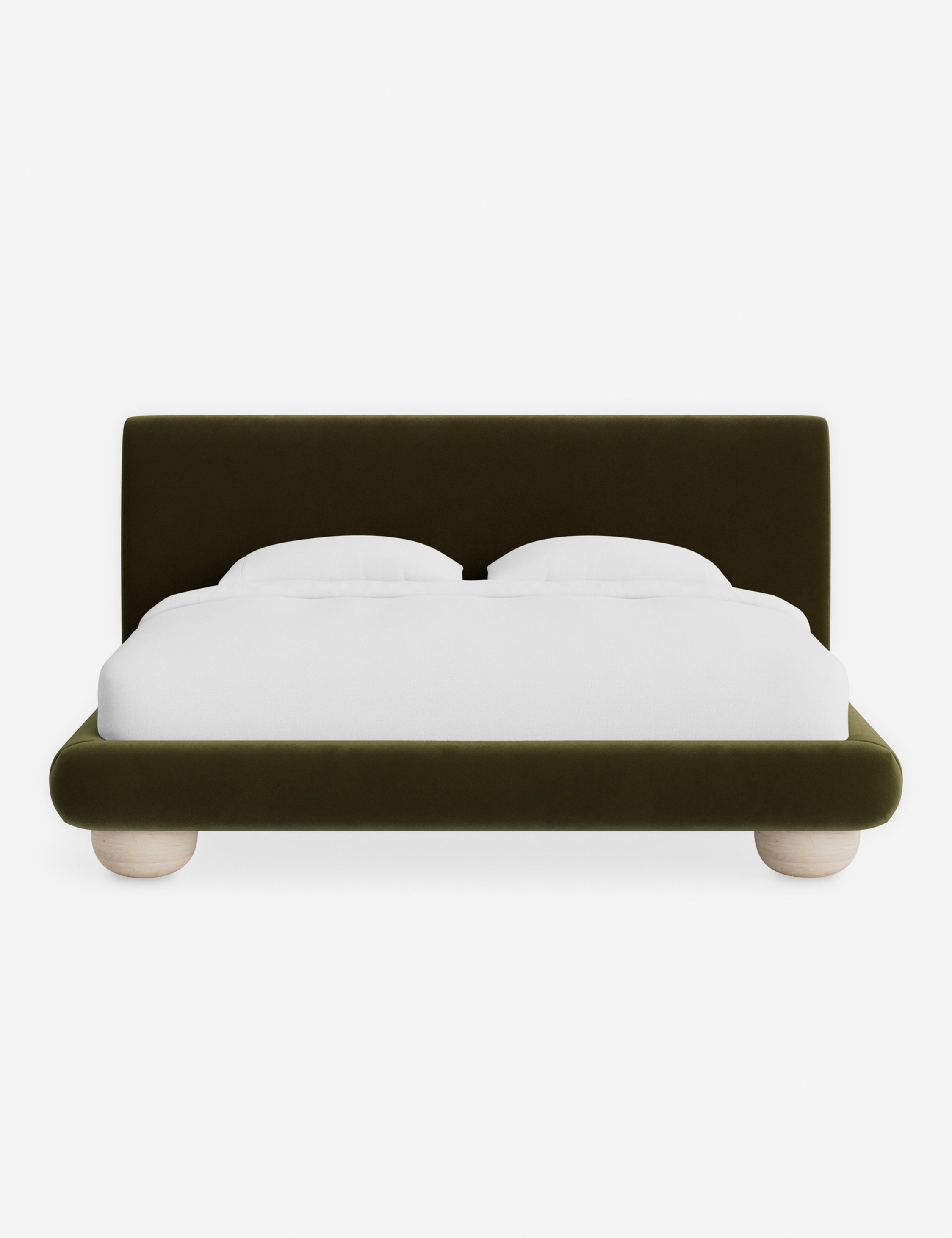 Rivo Platform Bed | Upholstered Frame, Light Wood Grain Base