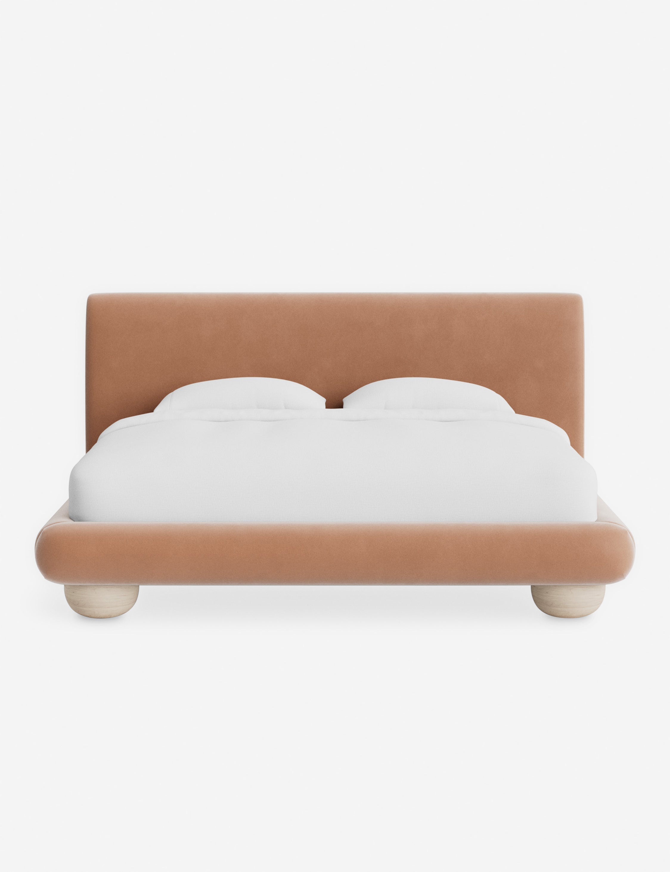 Rivo Platform Bed | Upholstered Frame, Light Wood Grain Base