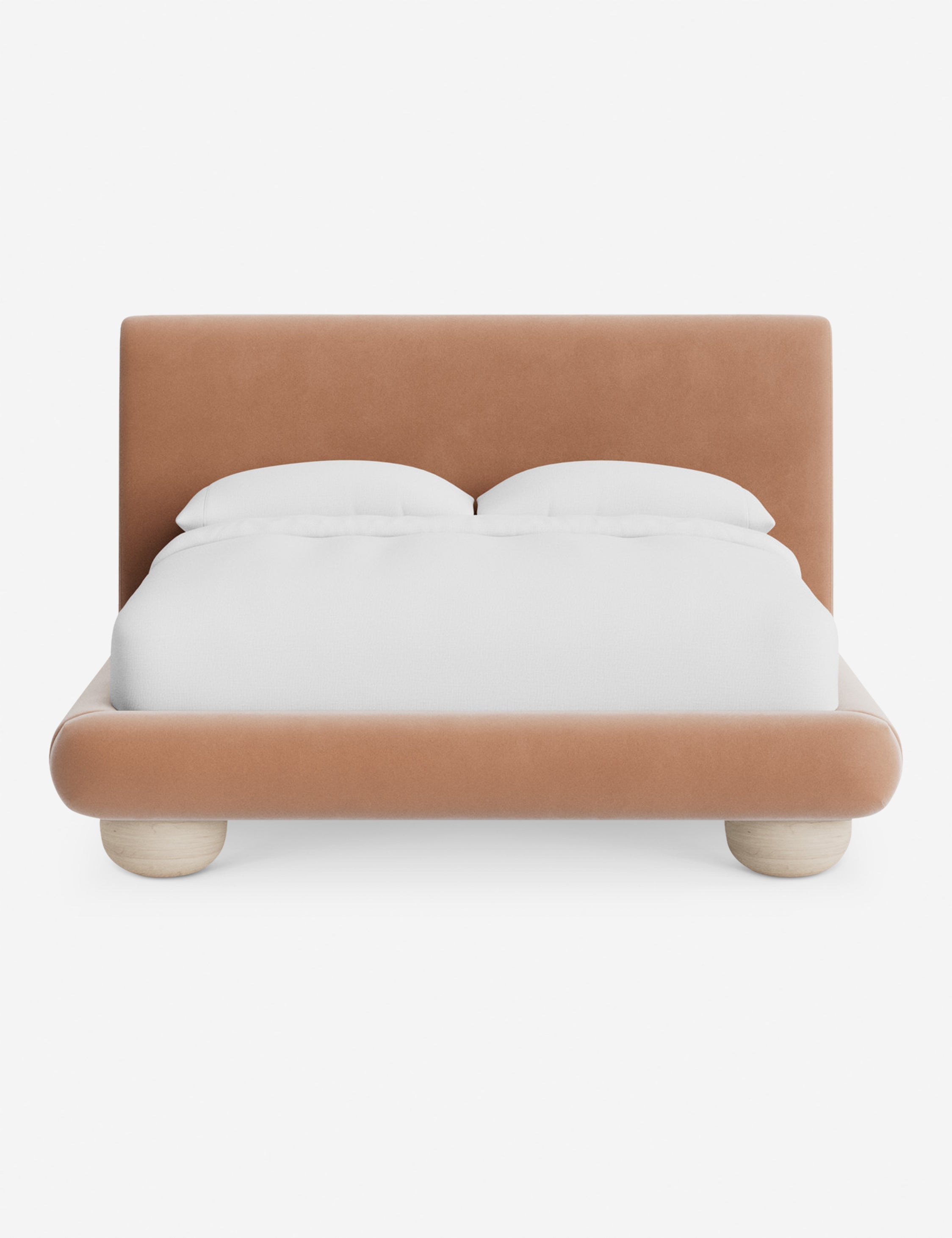 Rivo Platform Bed | Upholstered Frame, Light Wood Grain Base