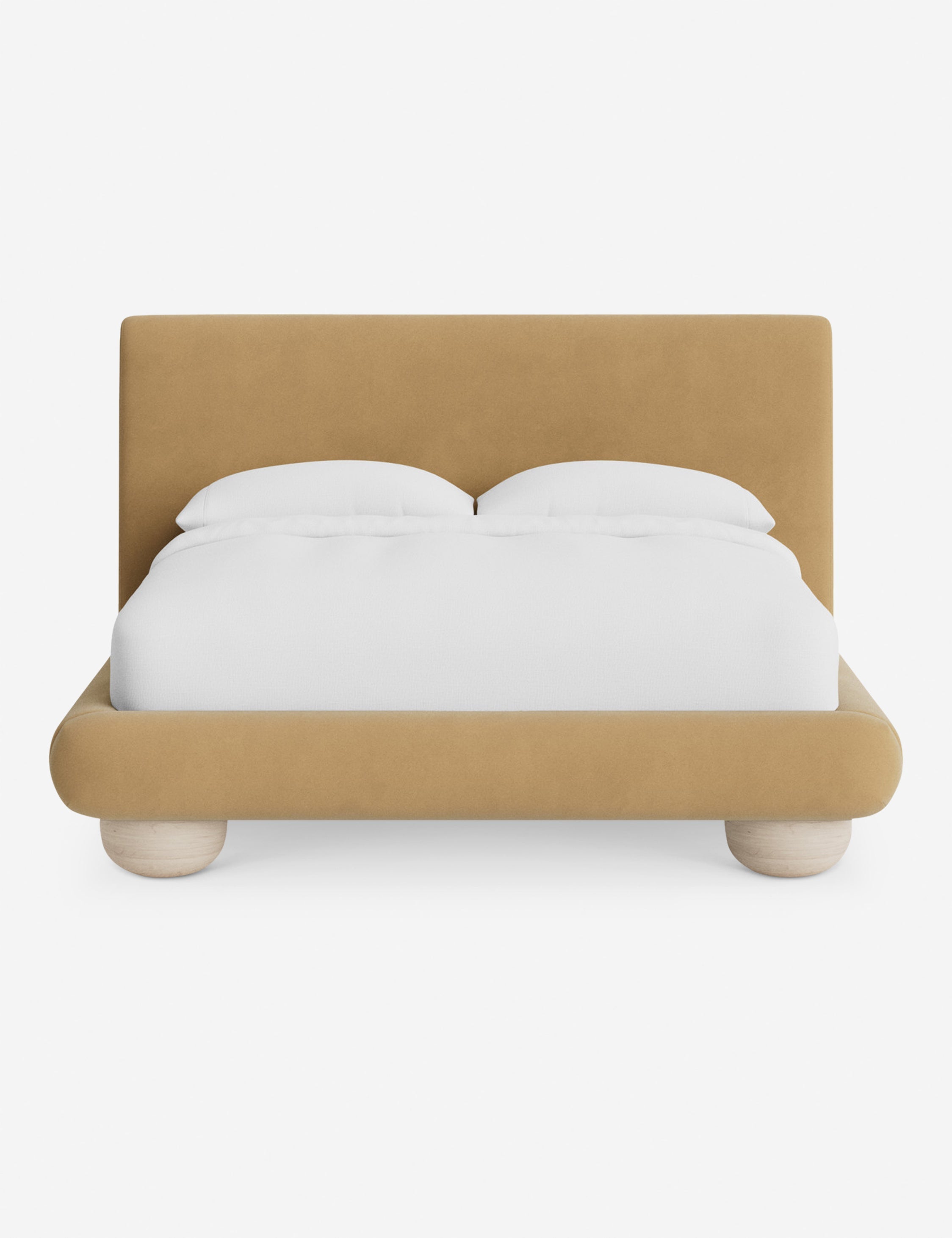 Rivo Platform Bed | Upholstered Frame, Light Wood Grain Base