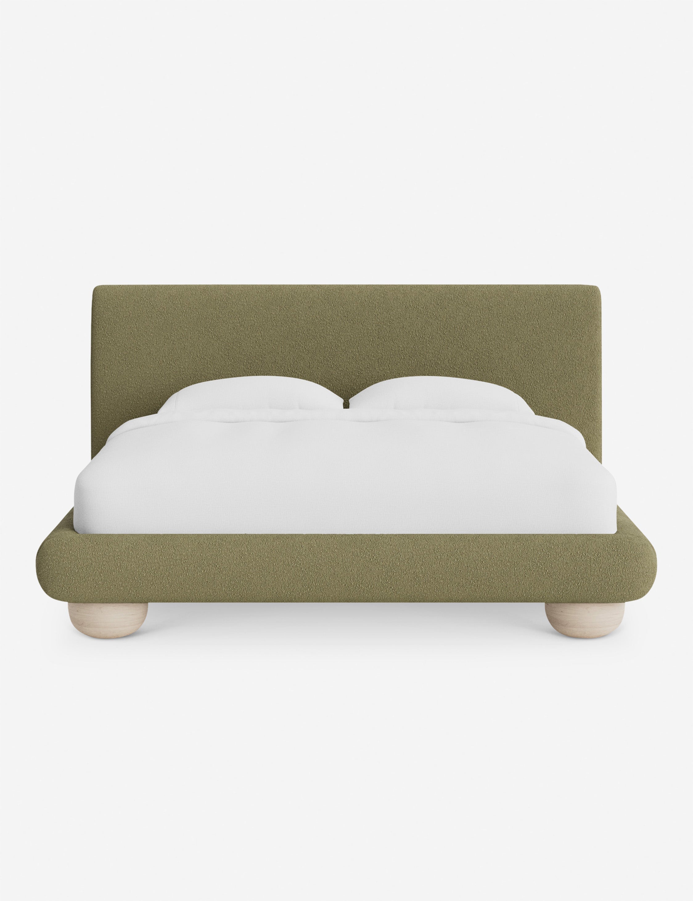 Rivo Platform Bed | Upholstered Frame, Light Wood Grain Base