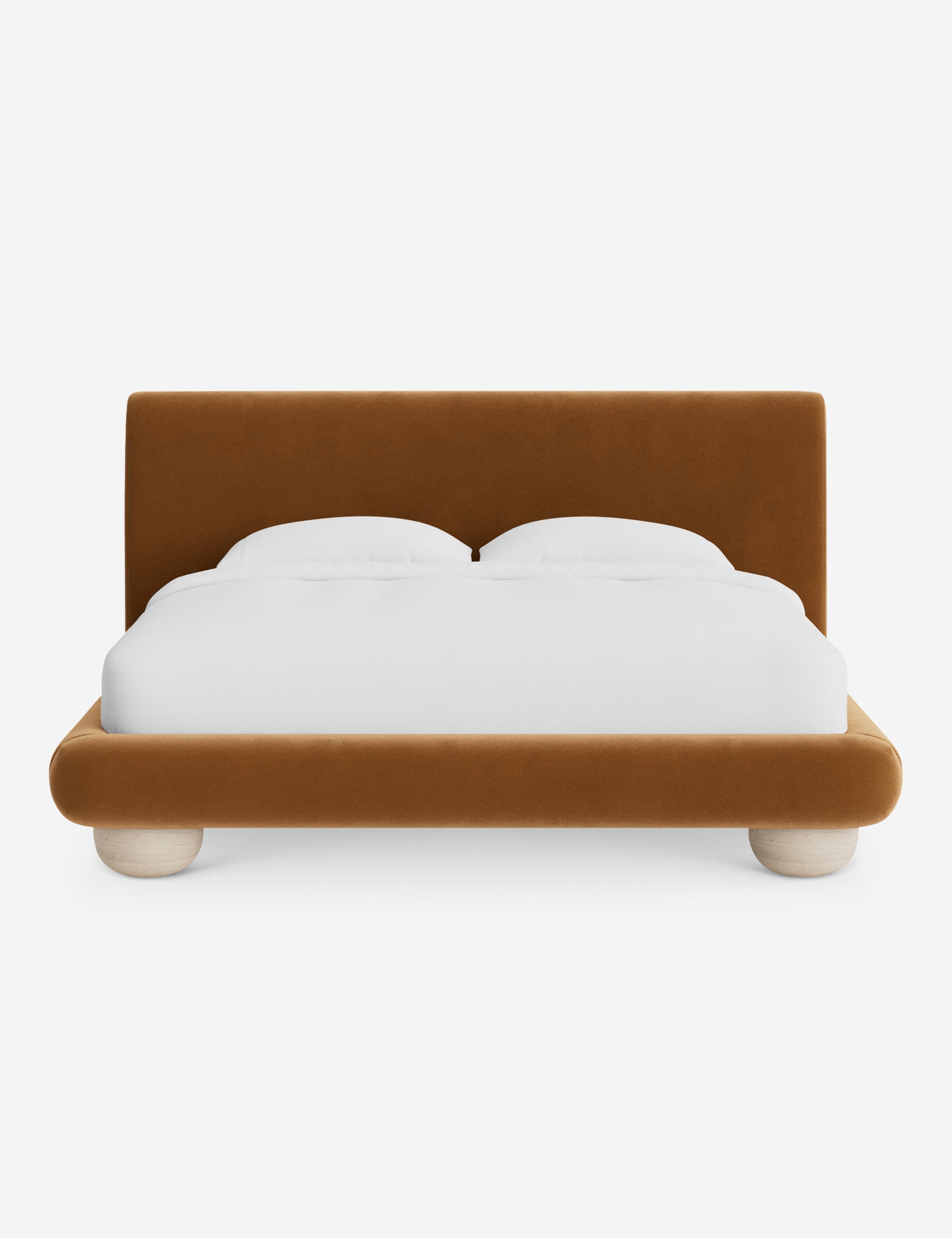 Rivo Platform Bed | Upholstered Frame, Light Wood Grain Base