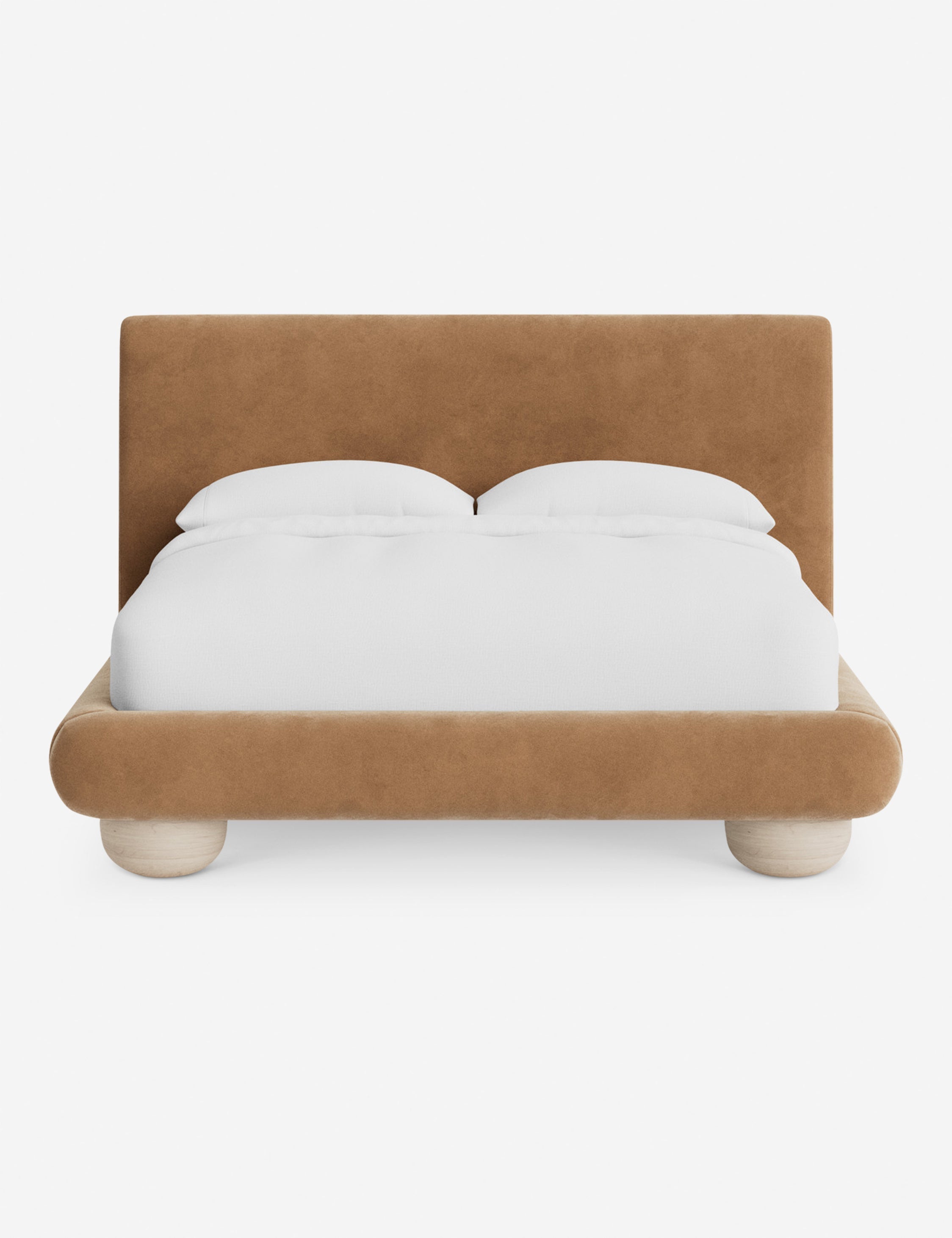 Rivo Platform Bed | Upholstered Frame, Light Wood Grain Base