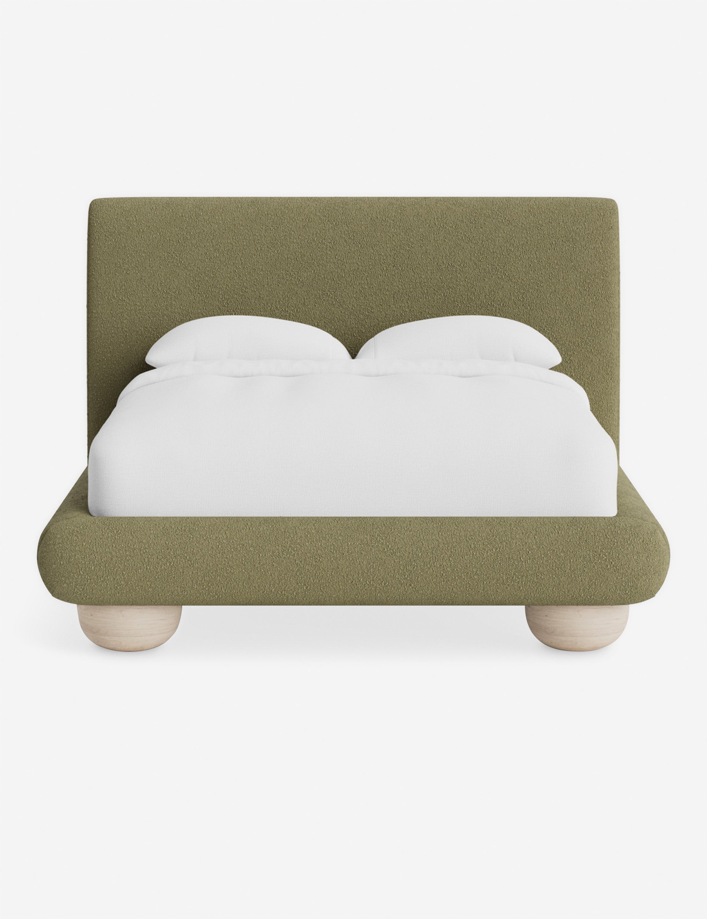 Rivo Platform Bed | Upholstered Frame, Light Wood Grain Base