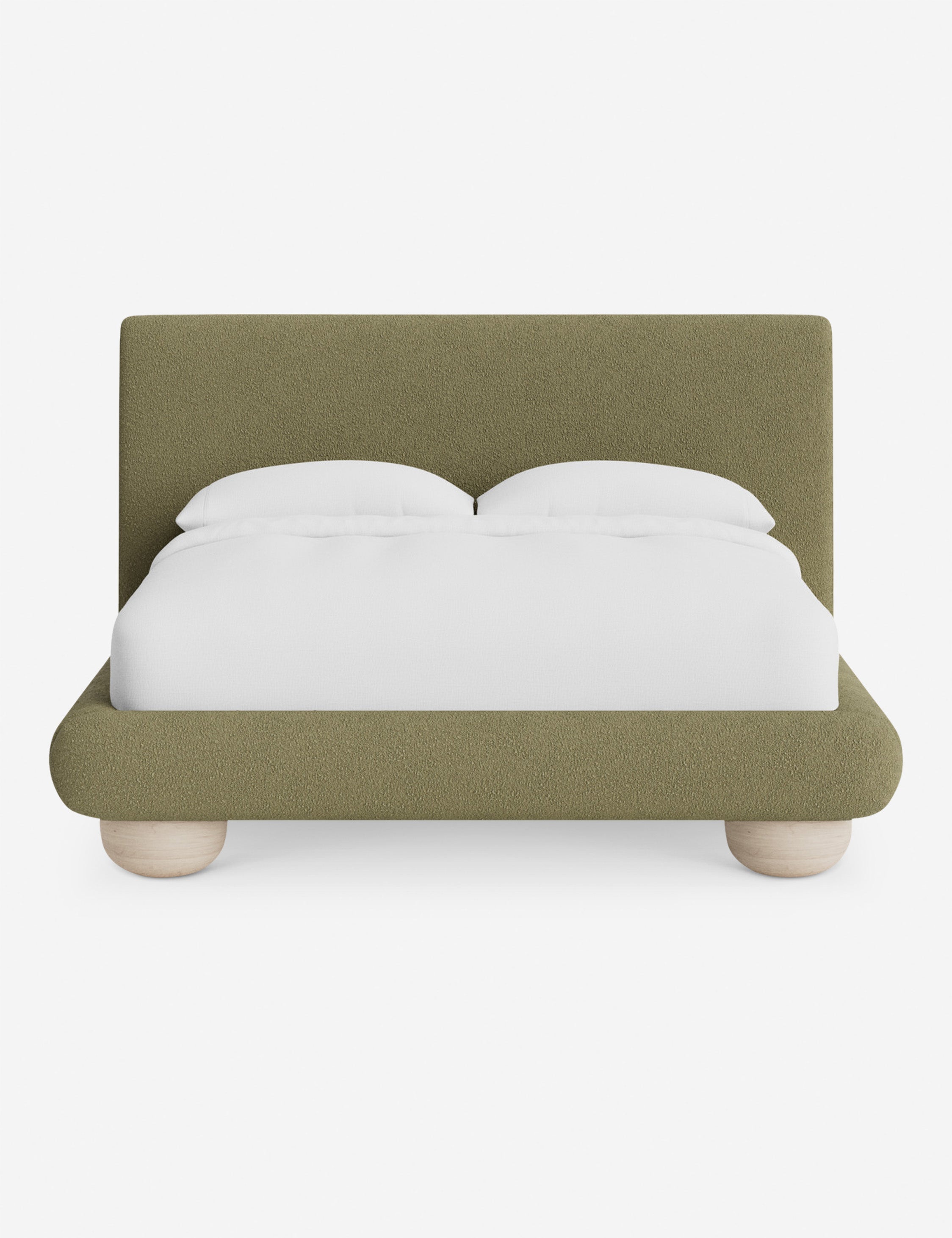 Rivo Platform Bed | Upholstered Frame, Light Wood Grain Base